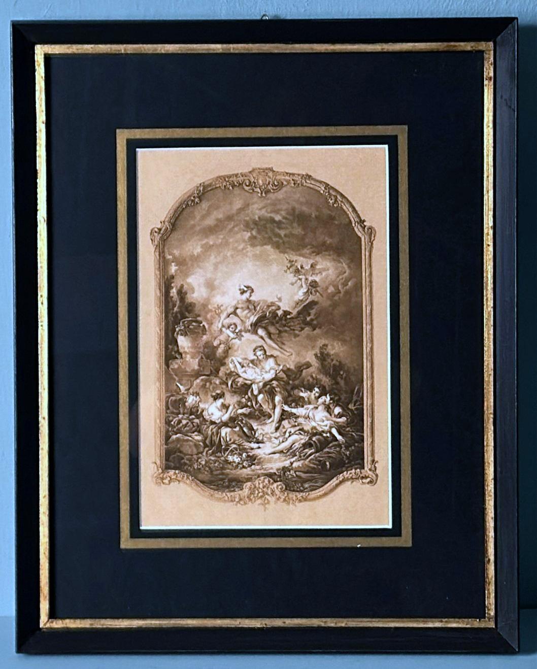 Rococo Style Pair Of French Lithographs With Italian Wooden Frames  Gold Accents For Sale 4