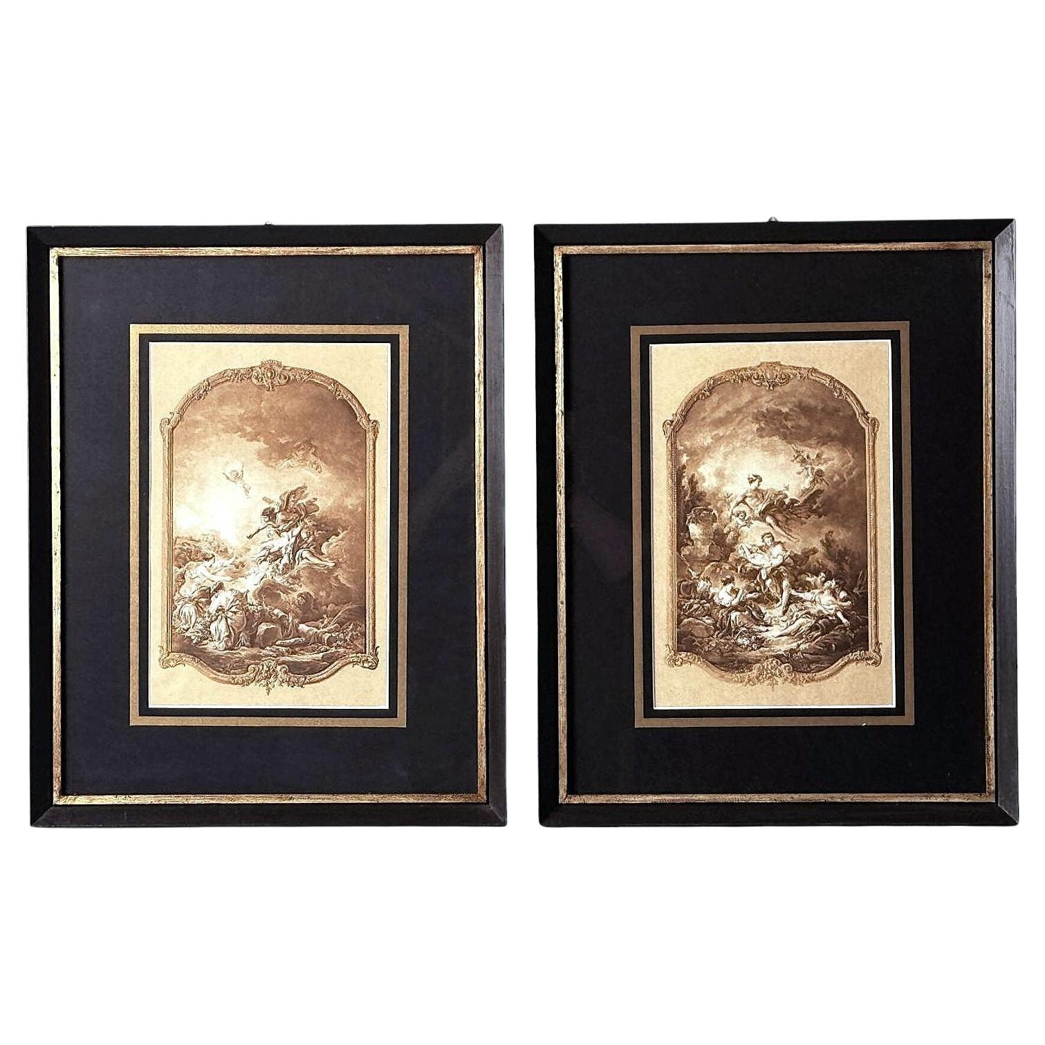 Pareja De Litografías Francesas De Estilo Rococo Con Marcos De Madera Italiana  Acentos dorados