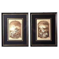 Pareja De Litografías Francesas De Estilo Rococo Con Marcos De Madera Italiana  Acentos dorados