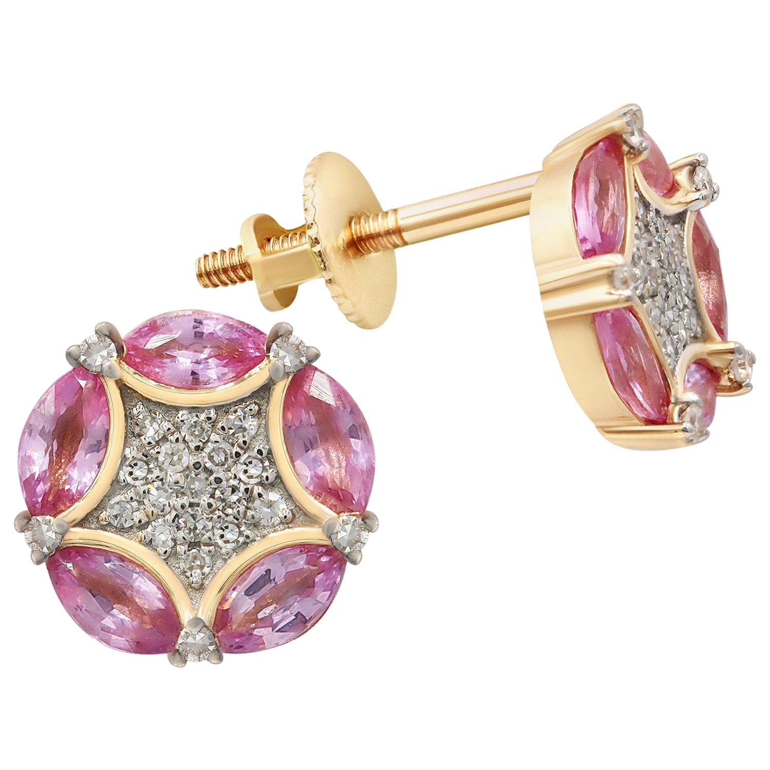 Rococo Style Pink Sapphire White Diamond Pink Gold Every Day Stud Earrings For Sale