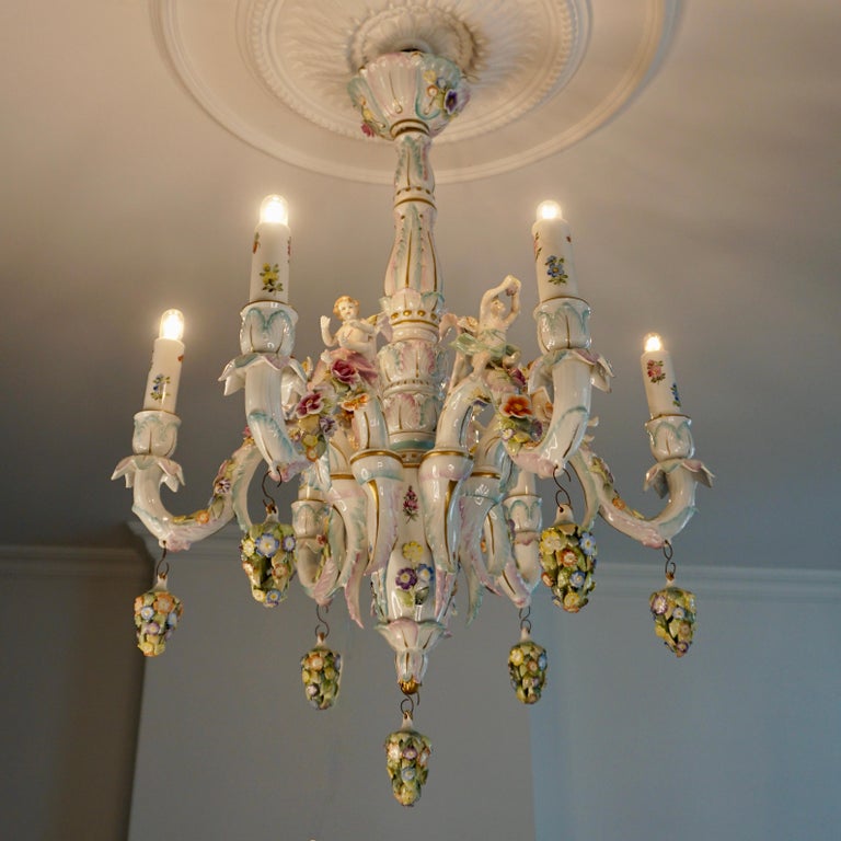 Hollywood Regency Rococo Style Porcelain Chandelier by Tettau Germany For Sale