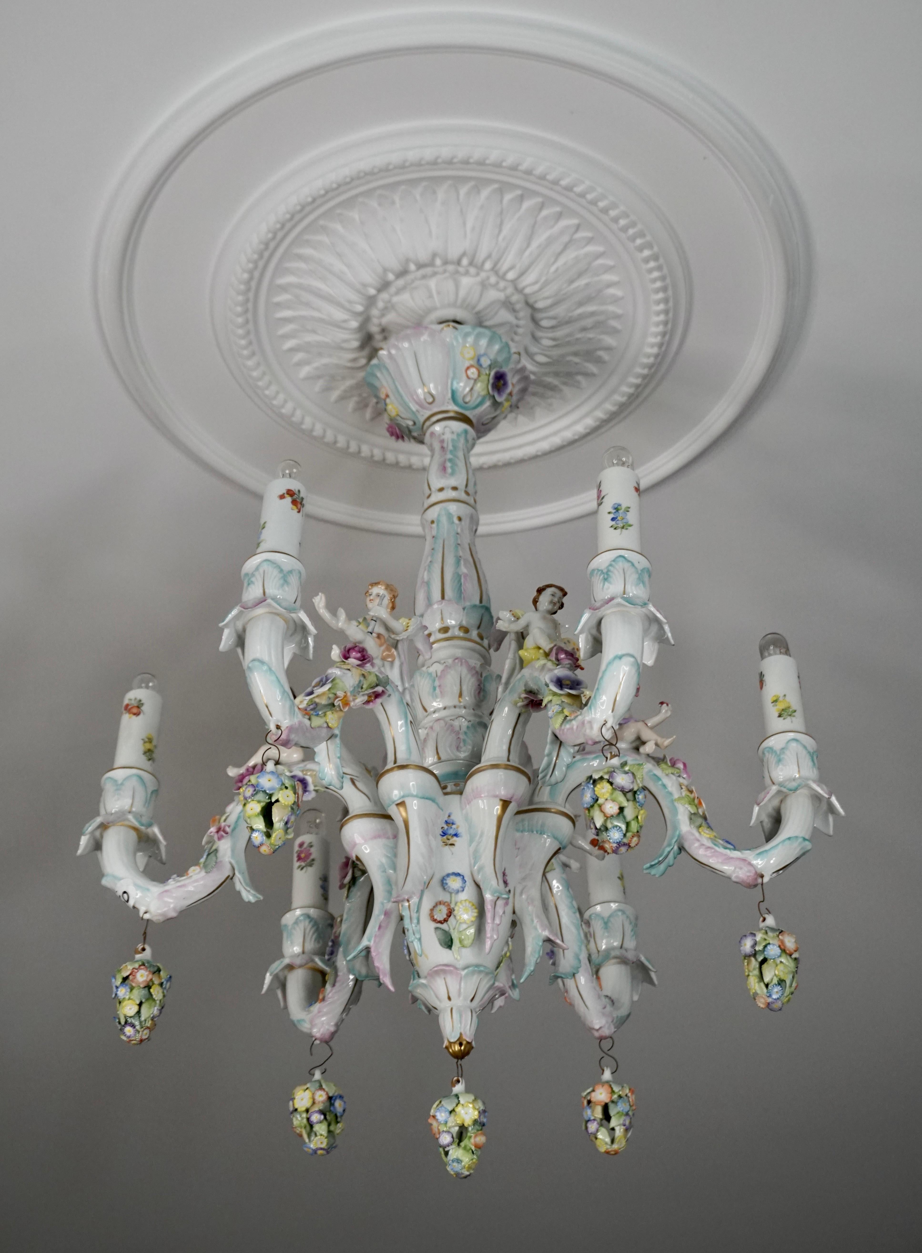 Rococo Style Porcelain Chandelier by Tettau Germany For Sale 2