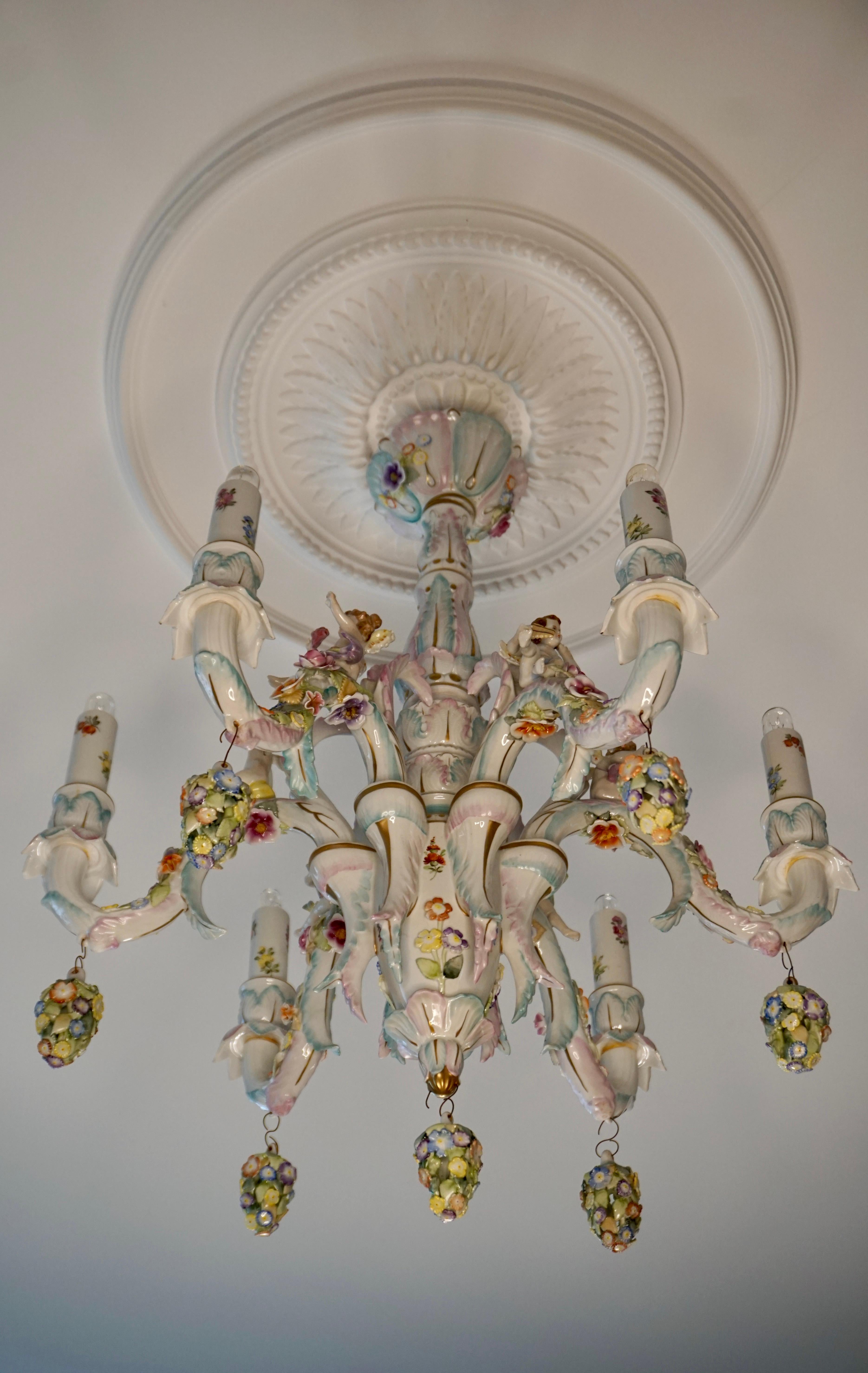 Rococo Style Porcelain Chandelier by Tettau Germany For Sale 3