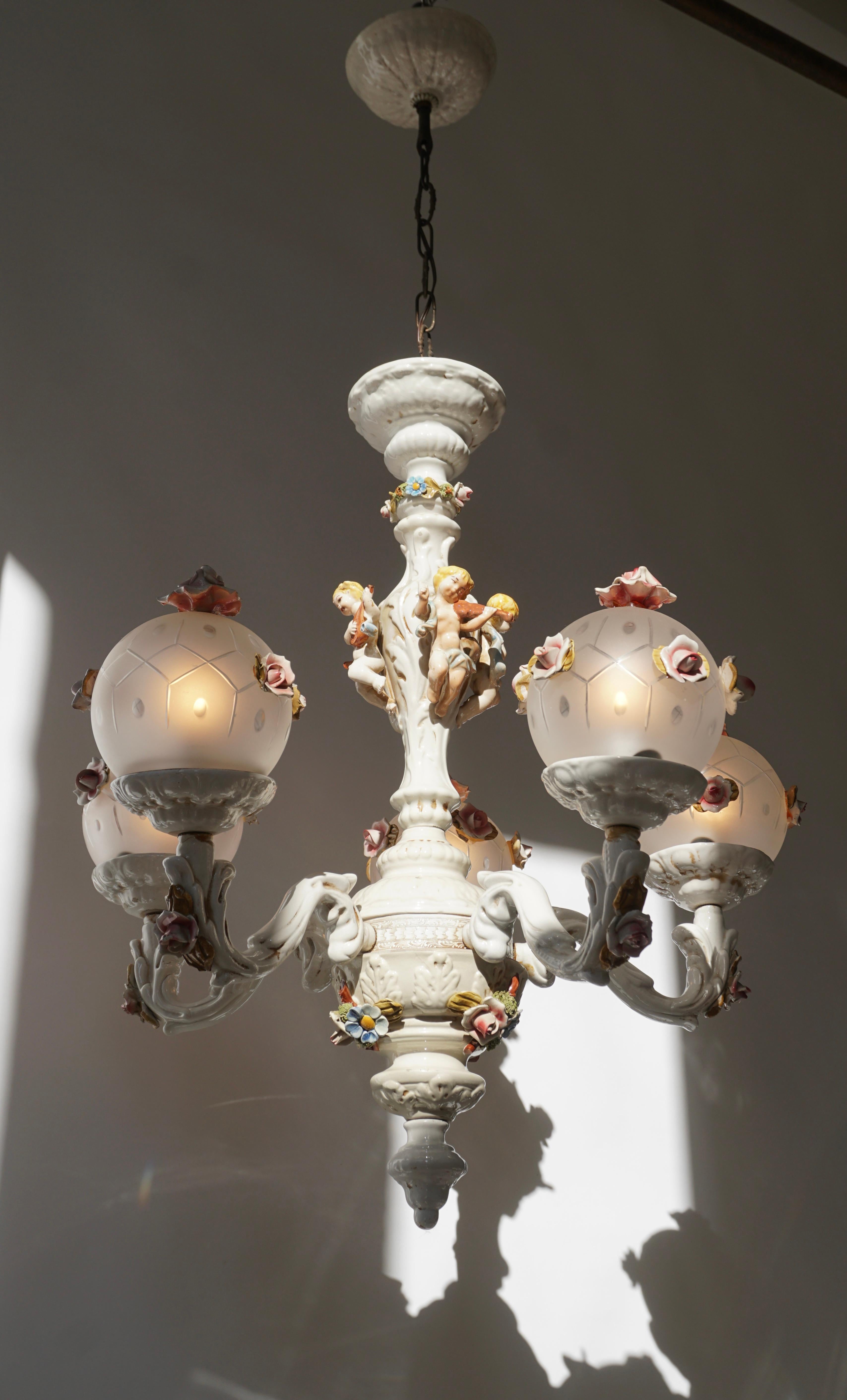 Rococo Style Porcelain Chandelier with Cherubs Playing Instruments For Sale 2
