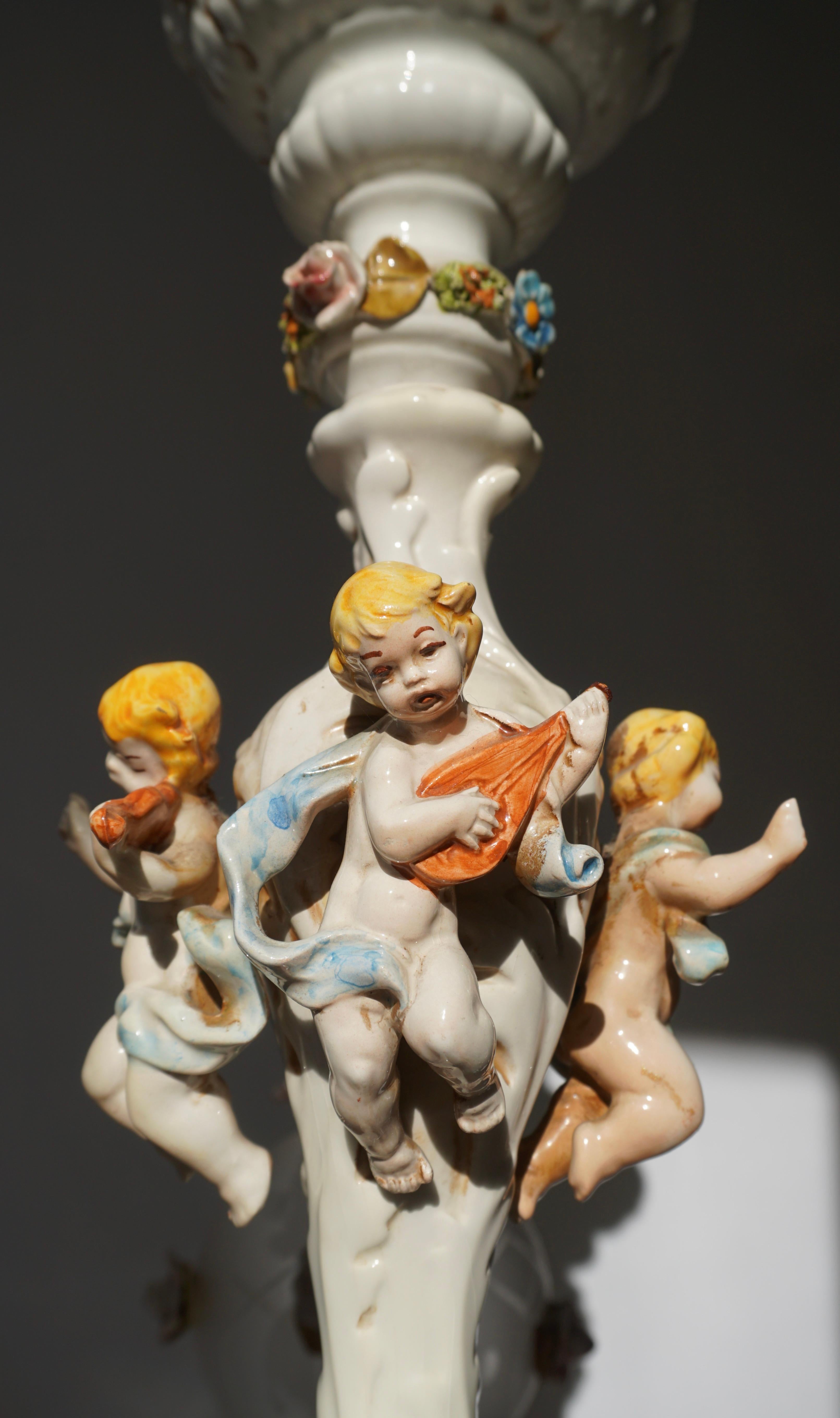 Rococo Style Porcelain Chandelier with Cherubs Playing Instruments For Sale 7