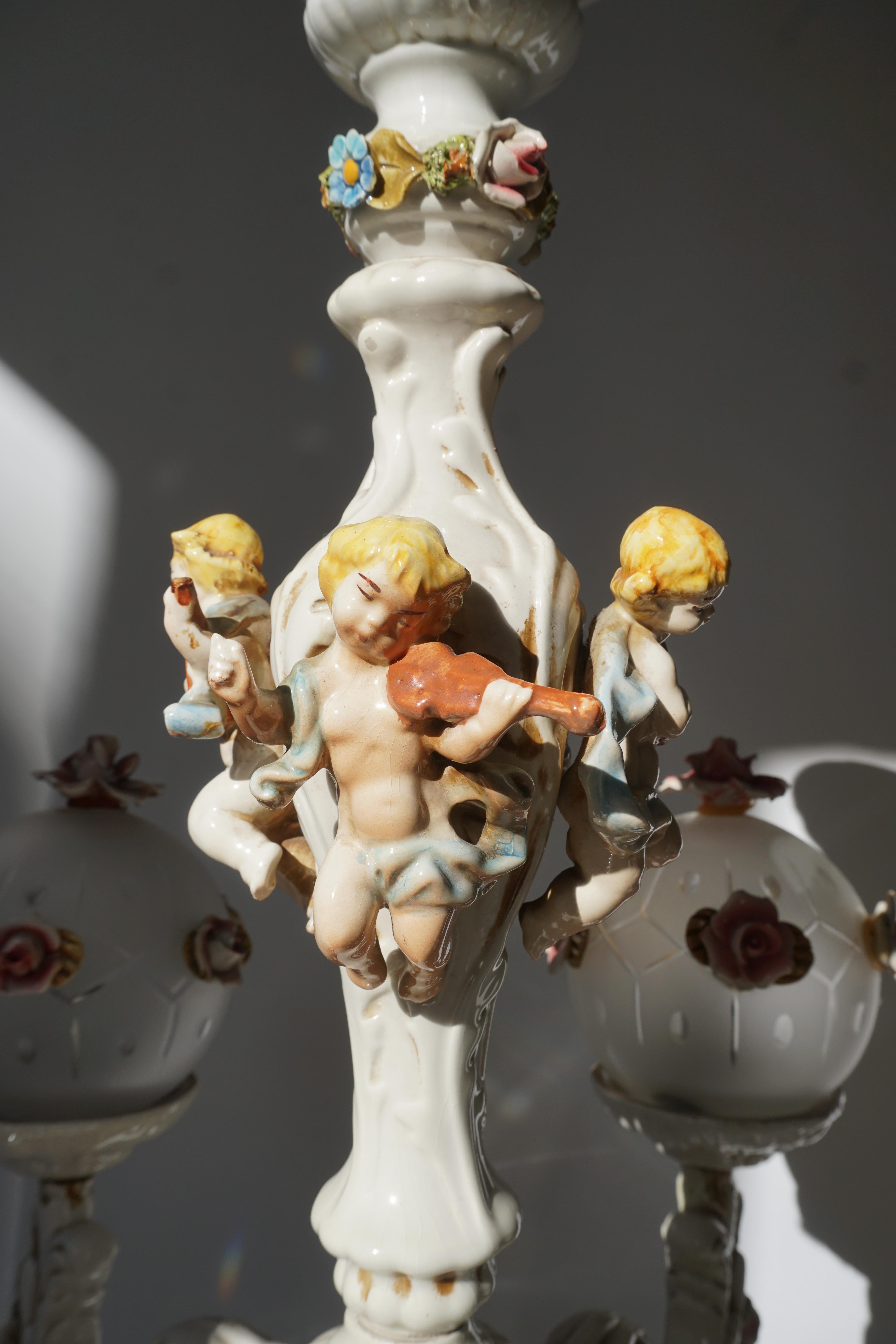 Rococo Style Porcelain Chandelier with Cherubs Playing Instruments For Sale 10