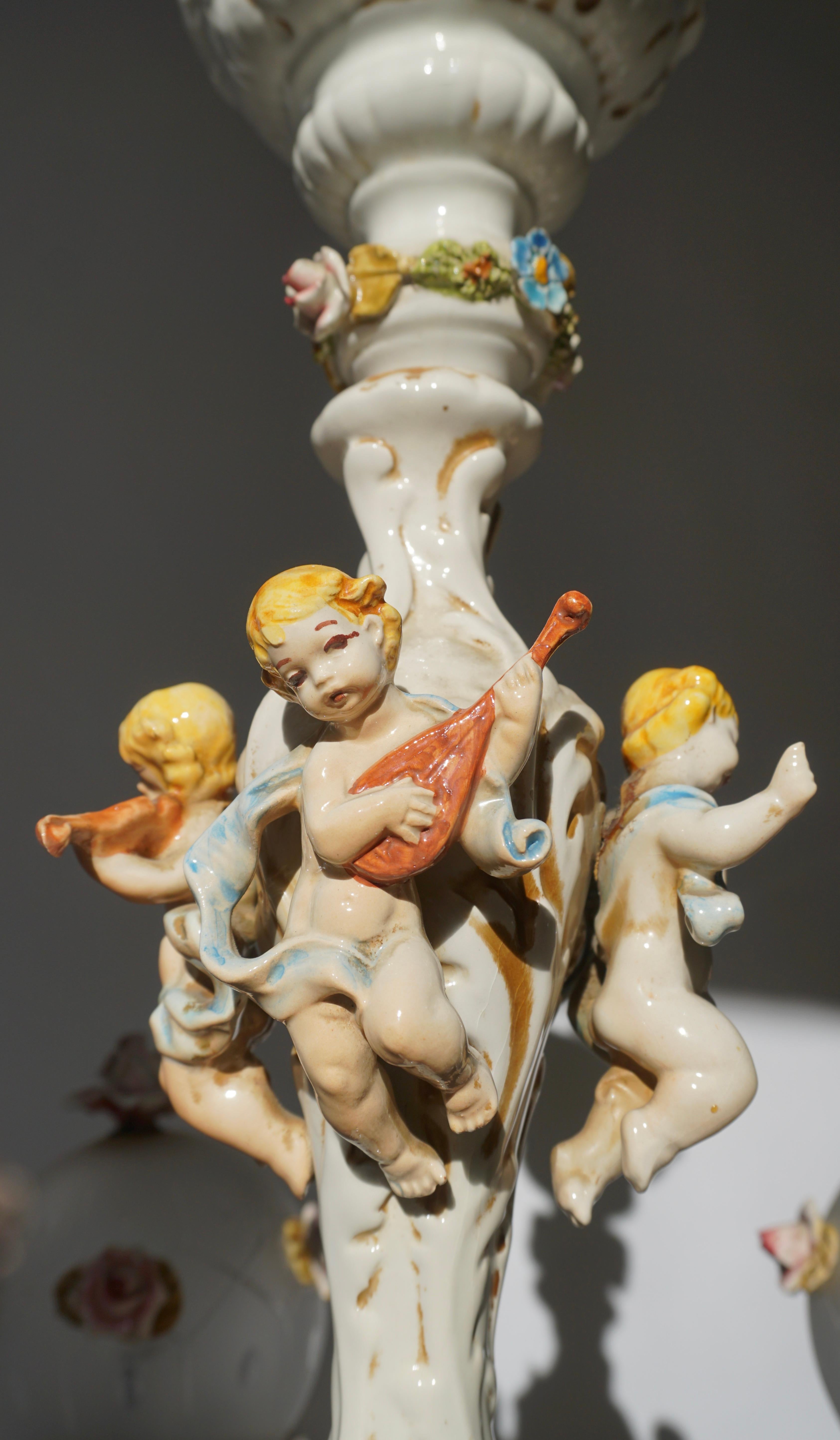 Rococo Style Porcelain Chandelier with Cherubs Playing Instruments For Sale 11