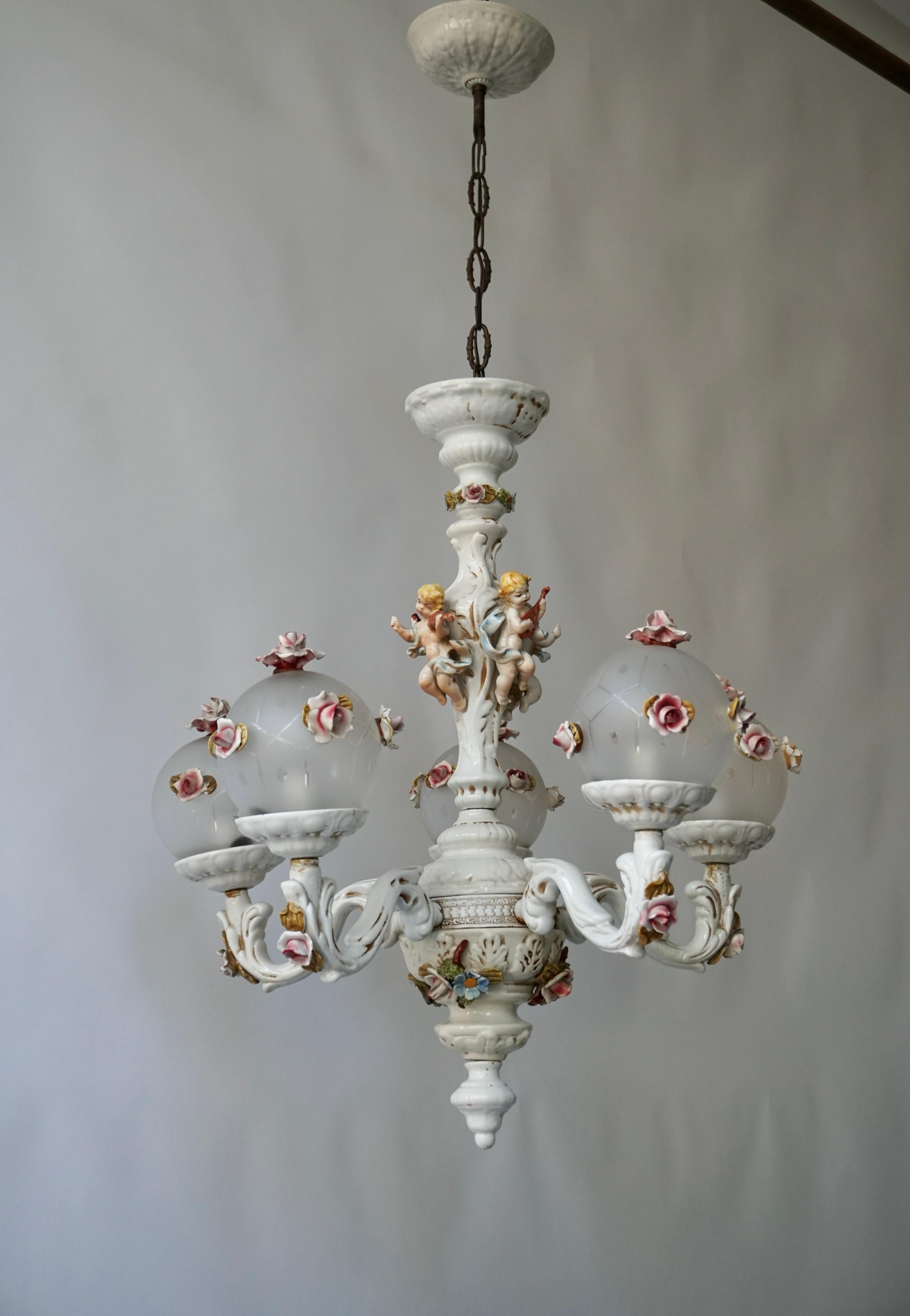 Hollywood Regency Rococo Style Porcelain Chandelier with Cherubs Playing Instruments For Sale