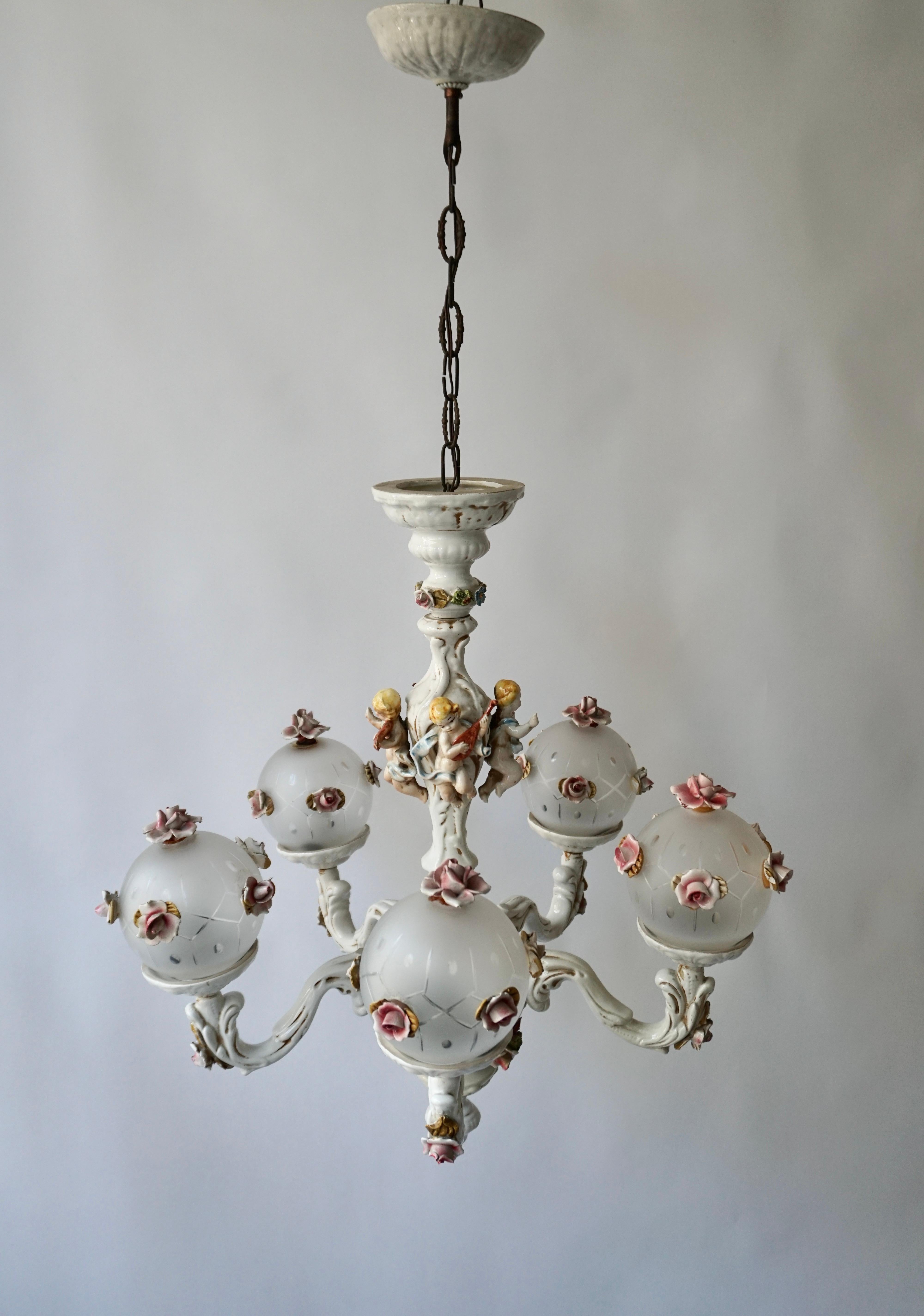 Italian Rococo Style Porcelain Chandelier with Cherubs Playing Instruments For Sale