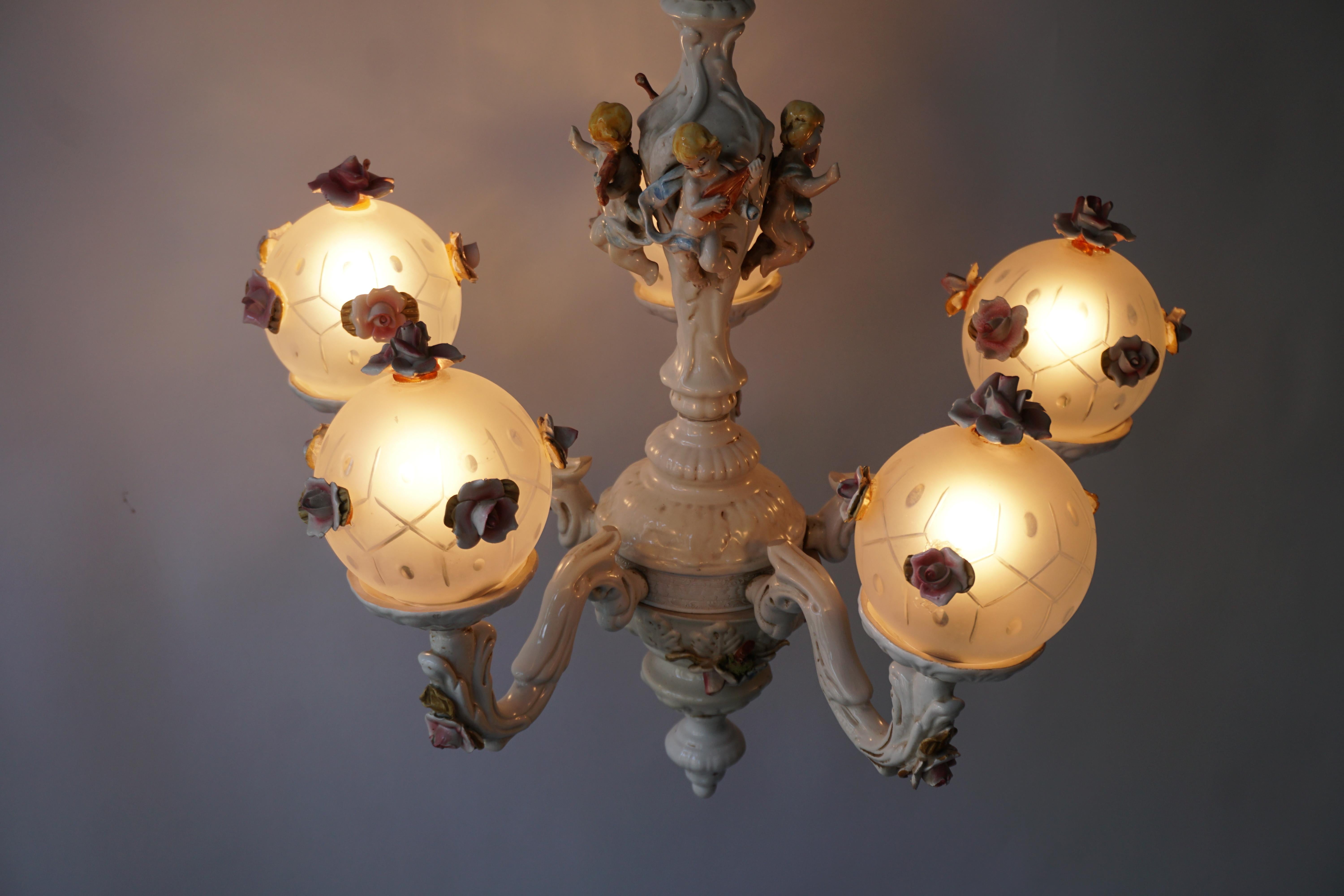 20th Century Rococo Style Porcelain Chandelier with Cherubs Playing Instruments For Sale