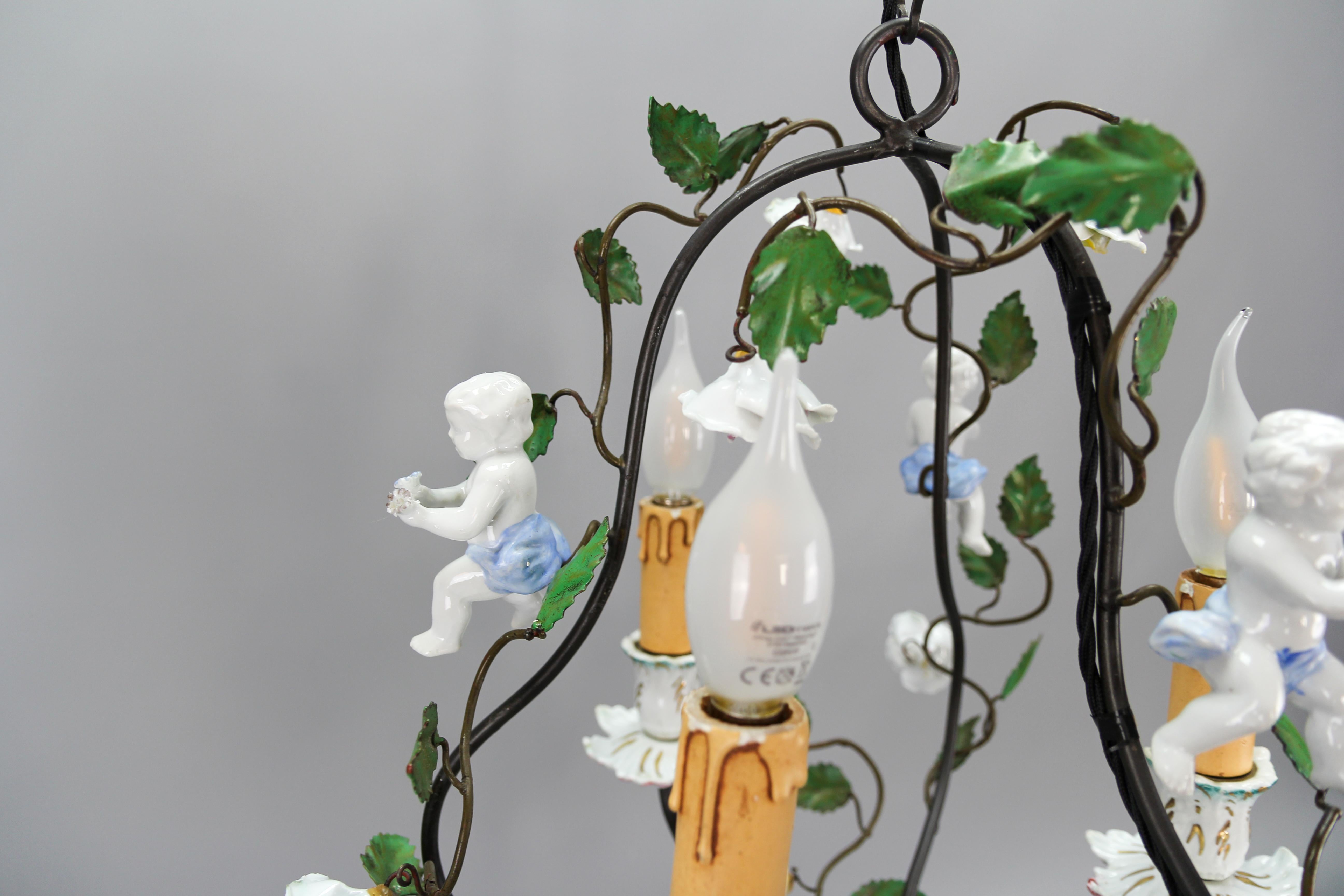 Rococo Style Porcelain Cherub and Metal Three-Light Chandelier, circa 1970s For Sale 5
