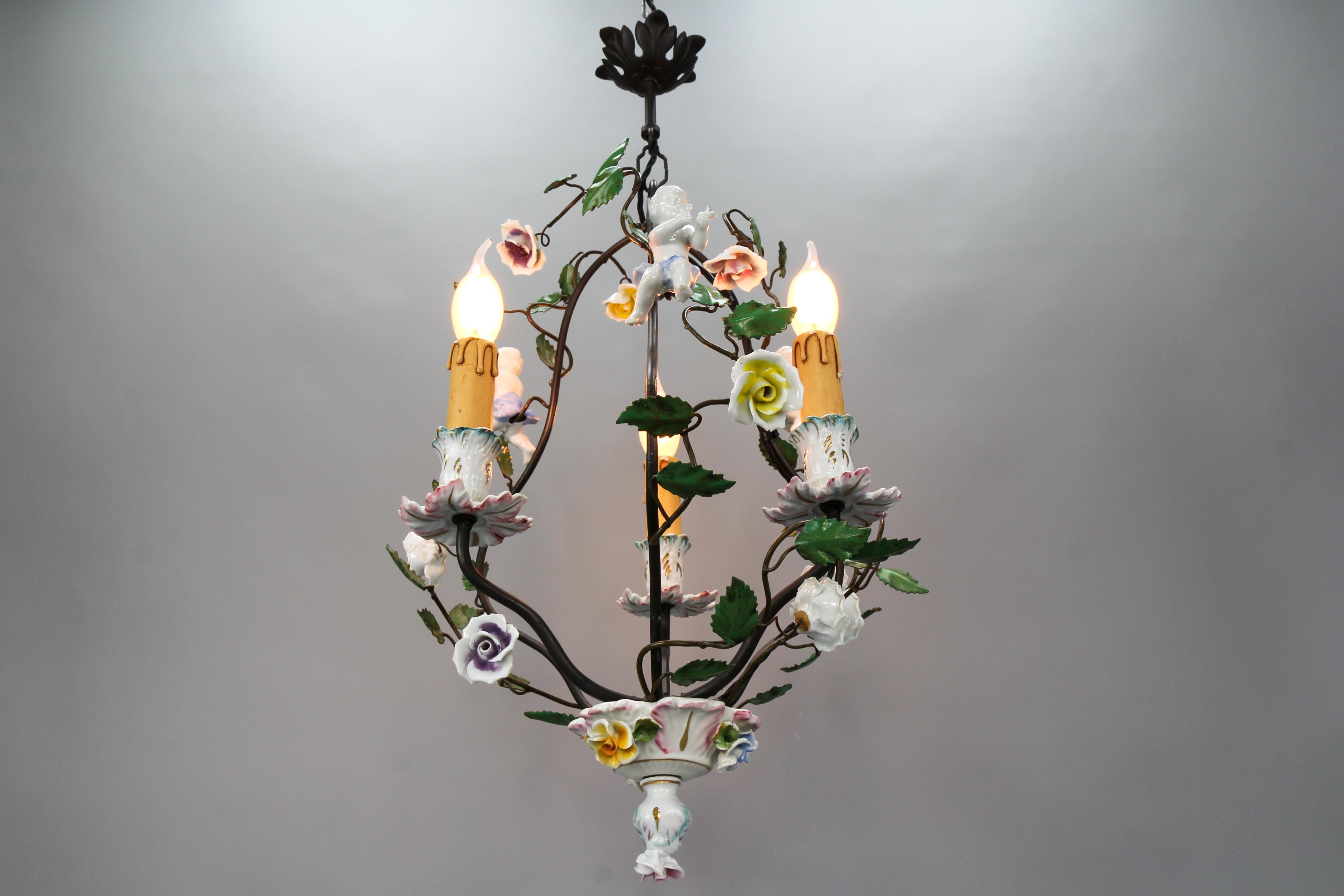 Rococo Style Porcelain Cherub and Metal Three-Light Chandelier, circa 1970s For Sale 8