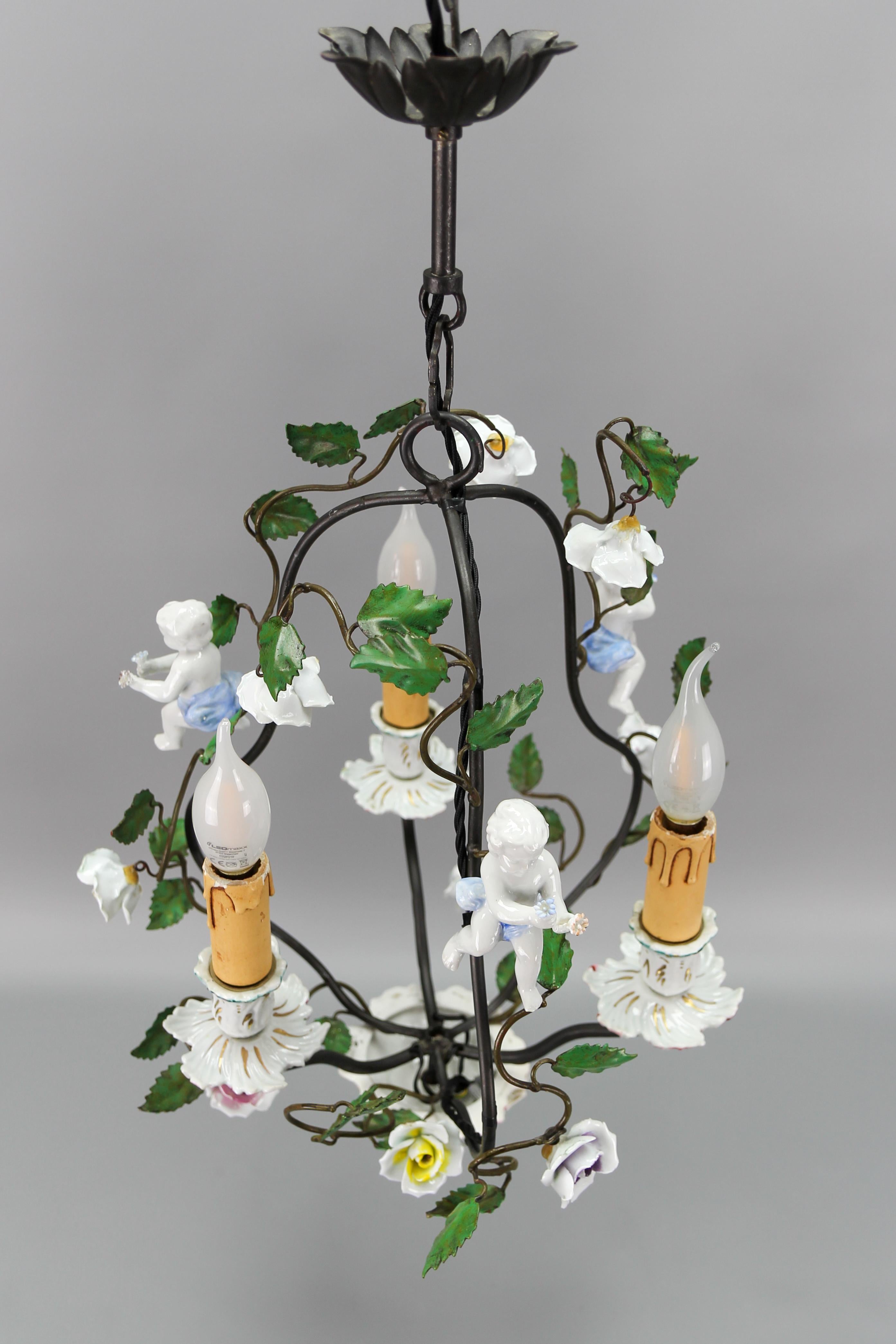 Rococo Style Porcelain Cherub and Metal Three-Light Chandelier, circa 1970s For Sale 10