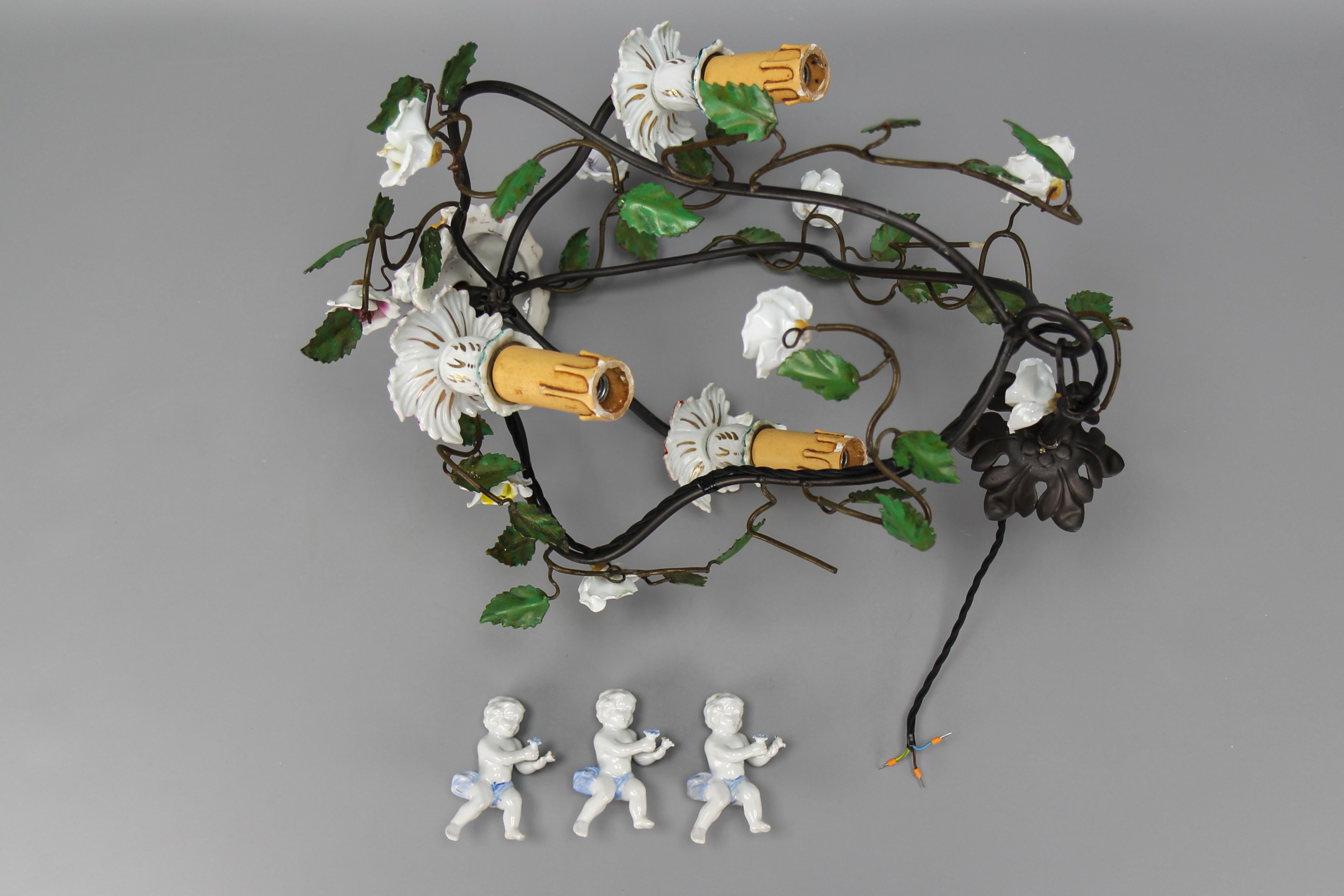 Rococo Style Porcelain Cherub and Metal Three-Light Chandelier, circa 1970s For Sale 11