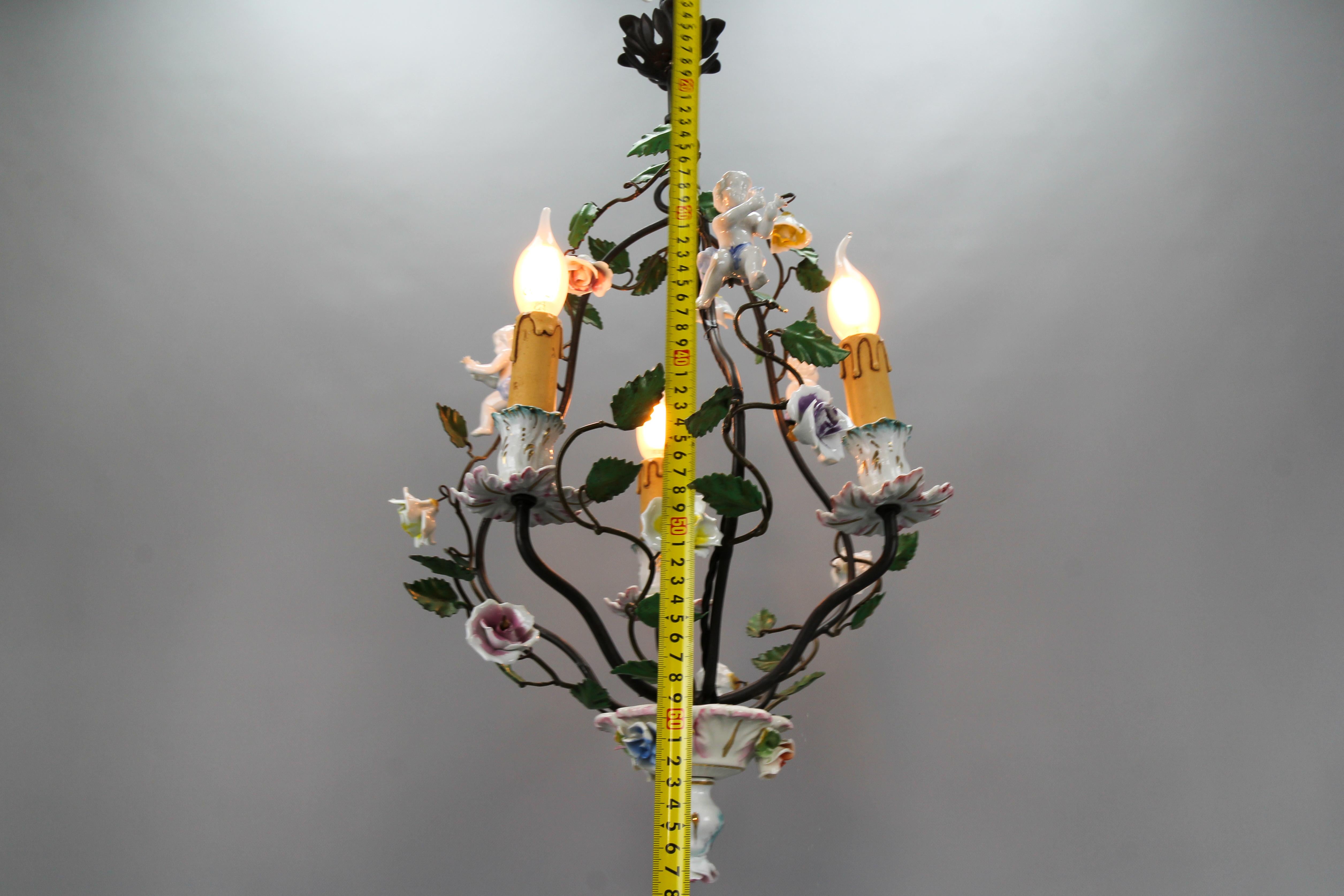 Rococo Style Porcelain Cherub and Metal Three-Light Chandelier, circa 1970s For Sale 14