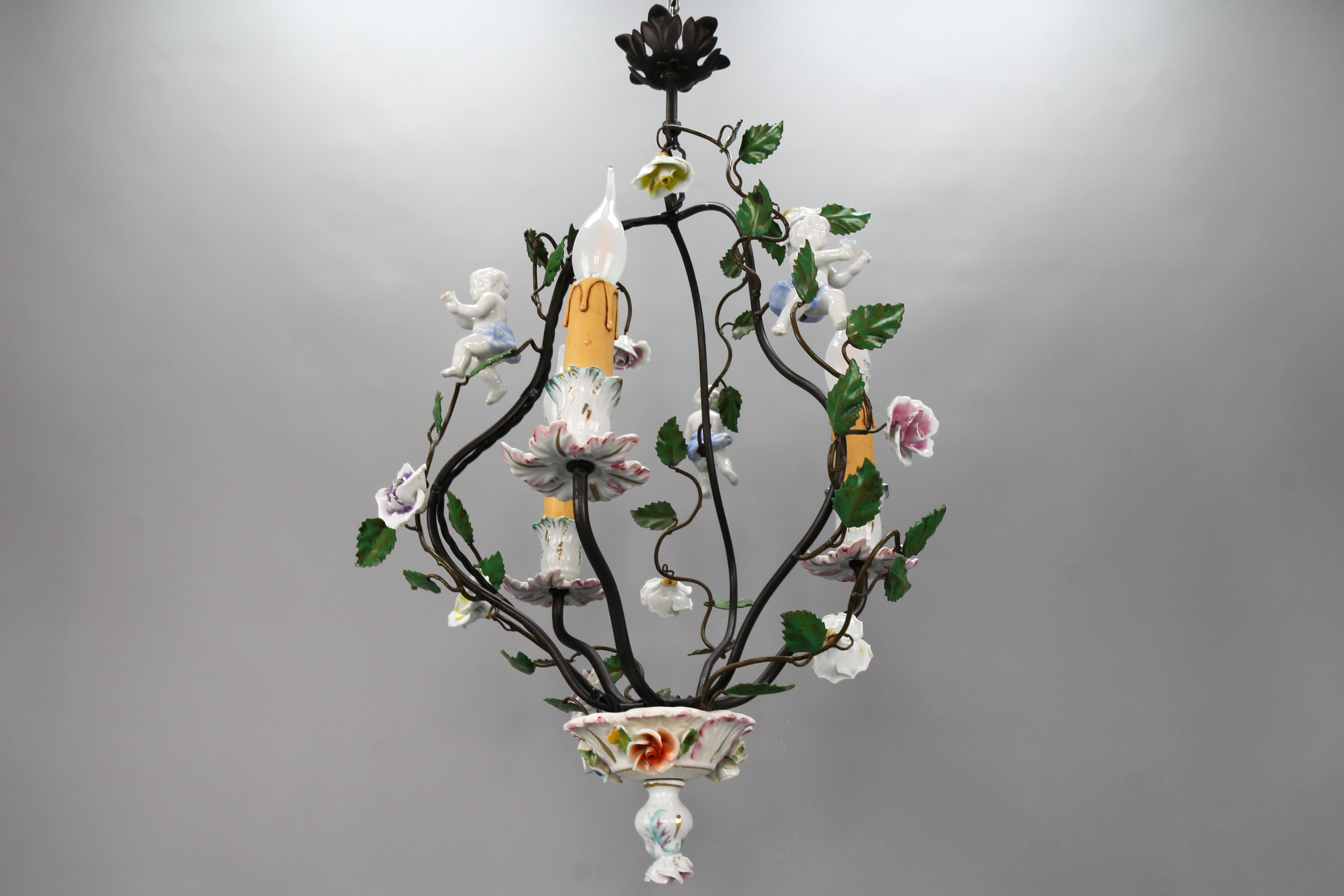 Rococo Style Porcelain Cherub and Metal Three-Light Chandelier, circa 1970s For Sale 15