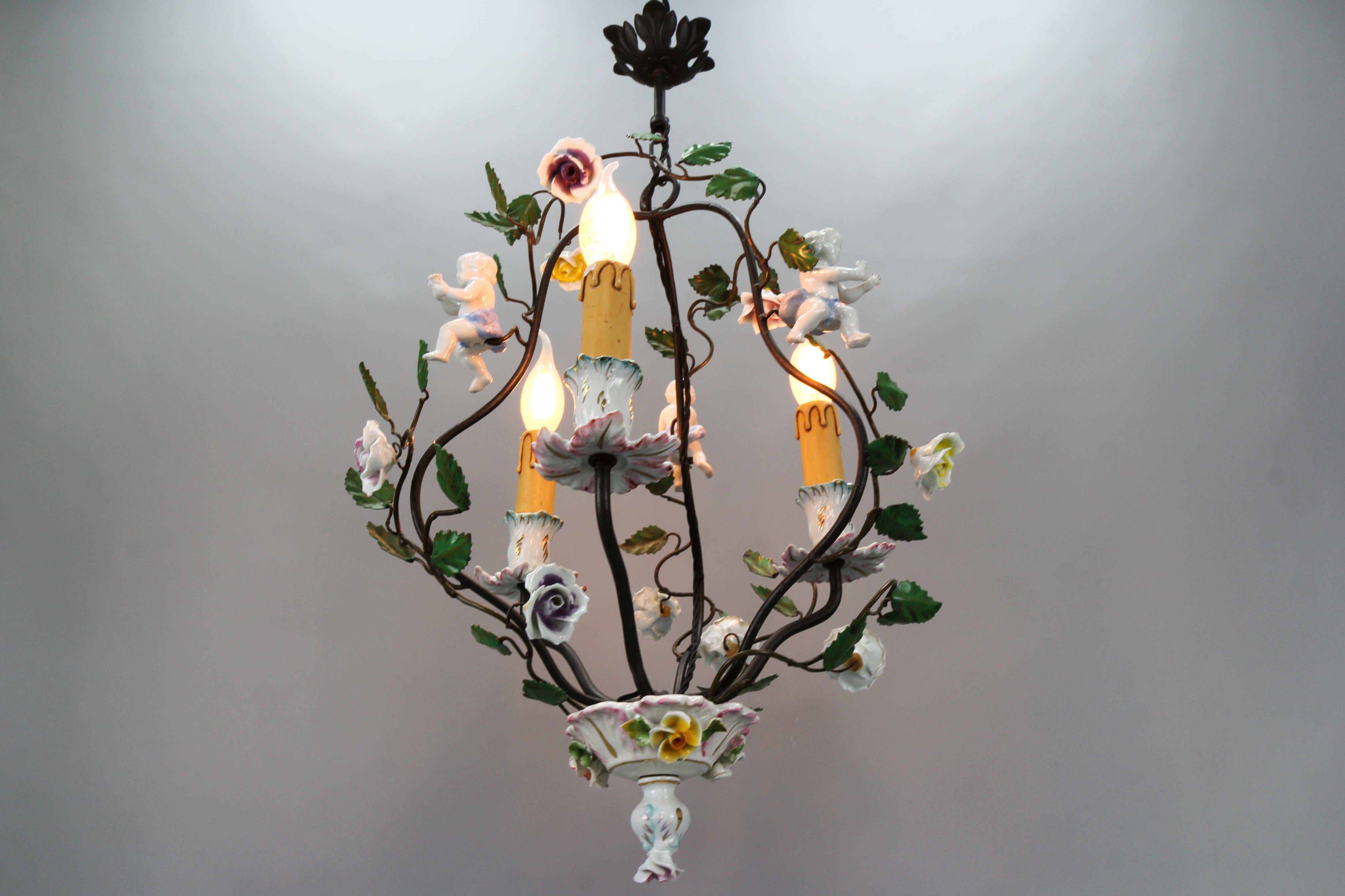 German Rococo Style Porcelain Cherub and Metal Three-Light Chandelier, circa 1970s For Sale