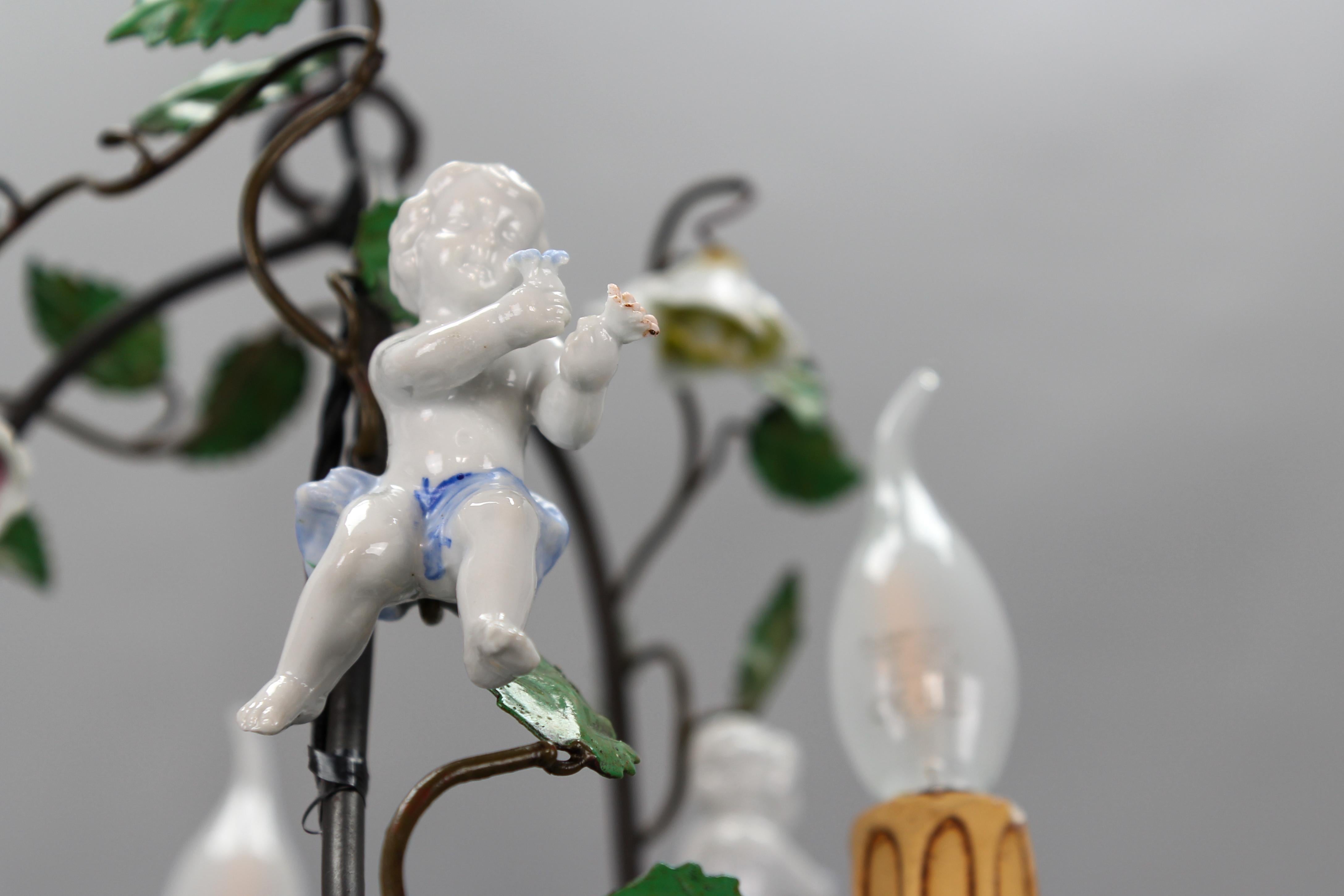 Rococo Style Porcelain Cherub and Metal Three-Light Chandelier, circa 1970s For Sale 2