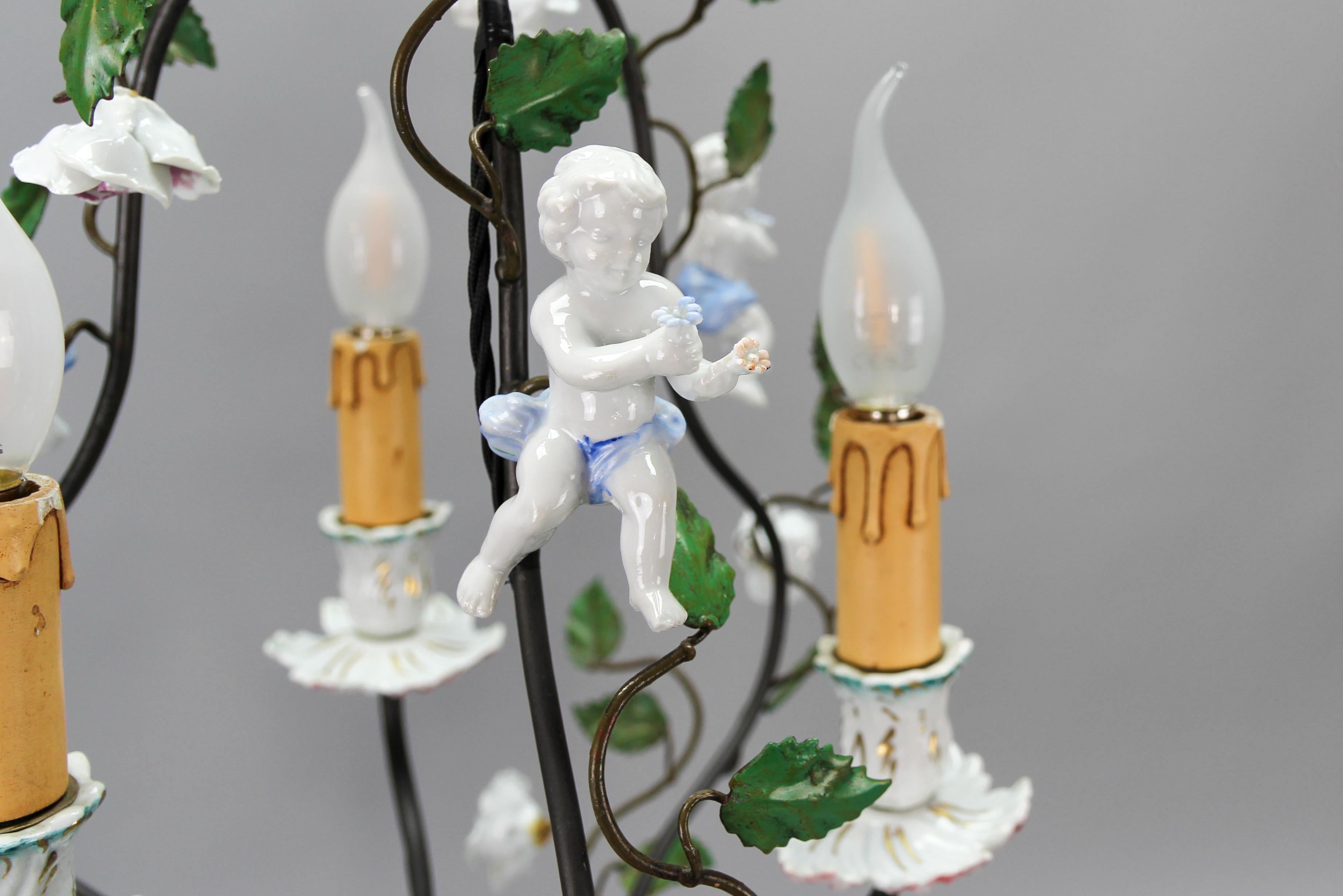 Rococo Style Porcelain Cherub and Metal Three-Light Chandelier, circa 1970s For Sale 3