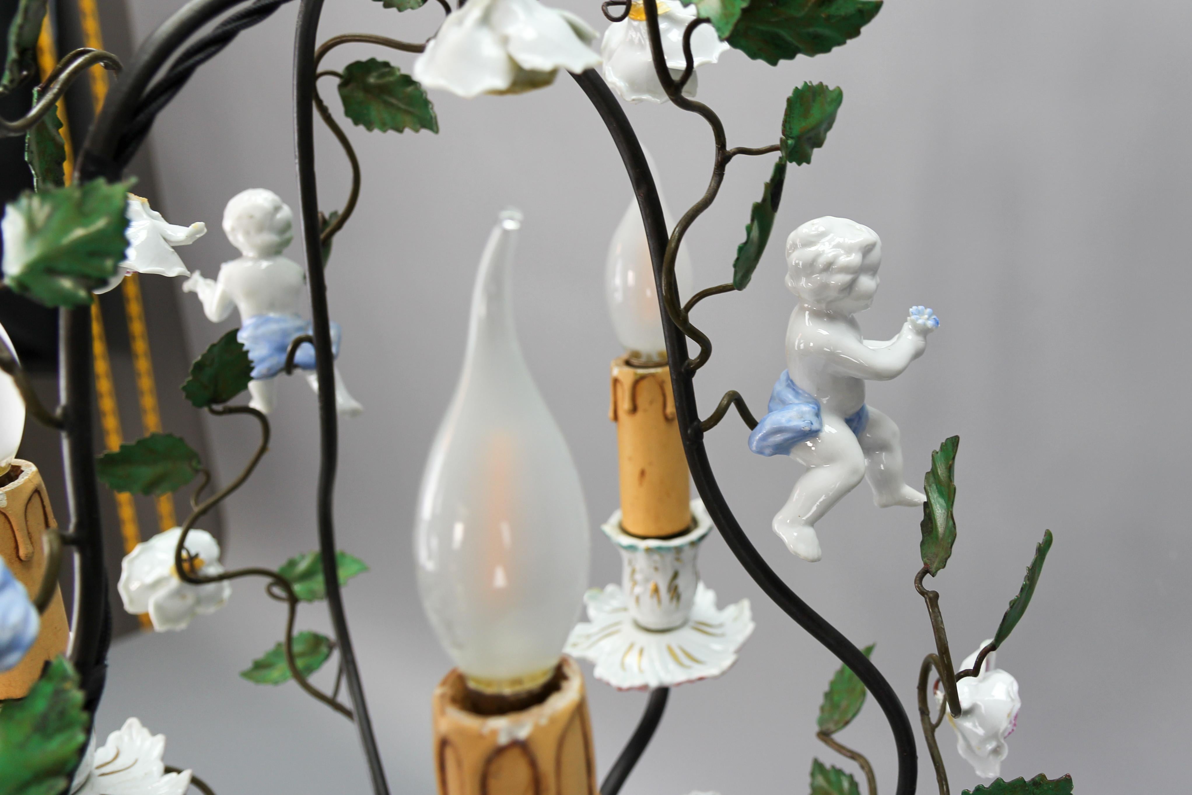 Rococo Style Porcelain Cherub and Metal Three-Light Chandelier, circa 1970s For Sale 4
