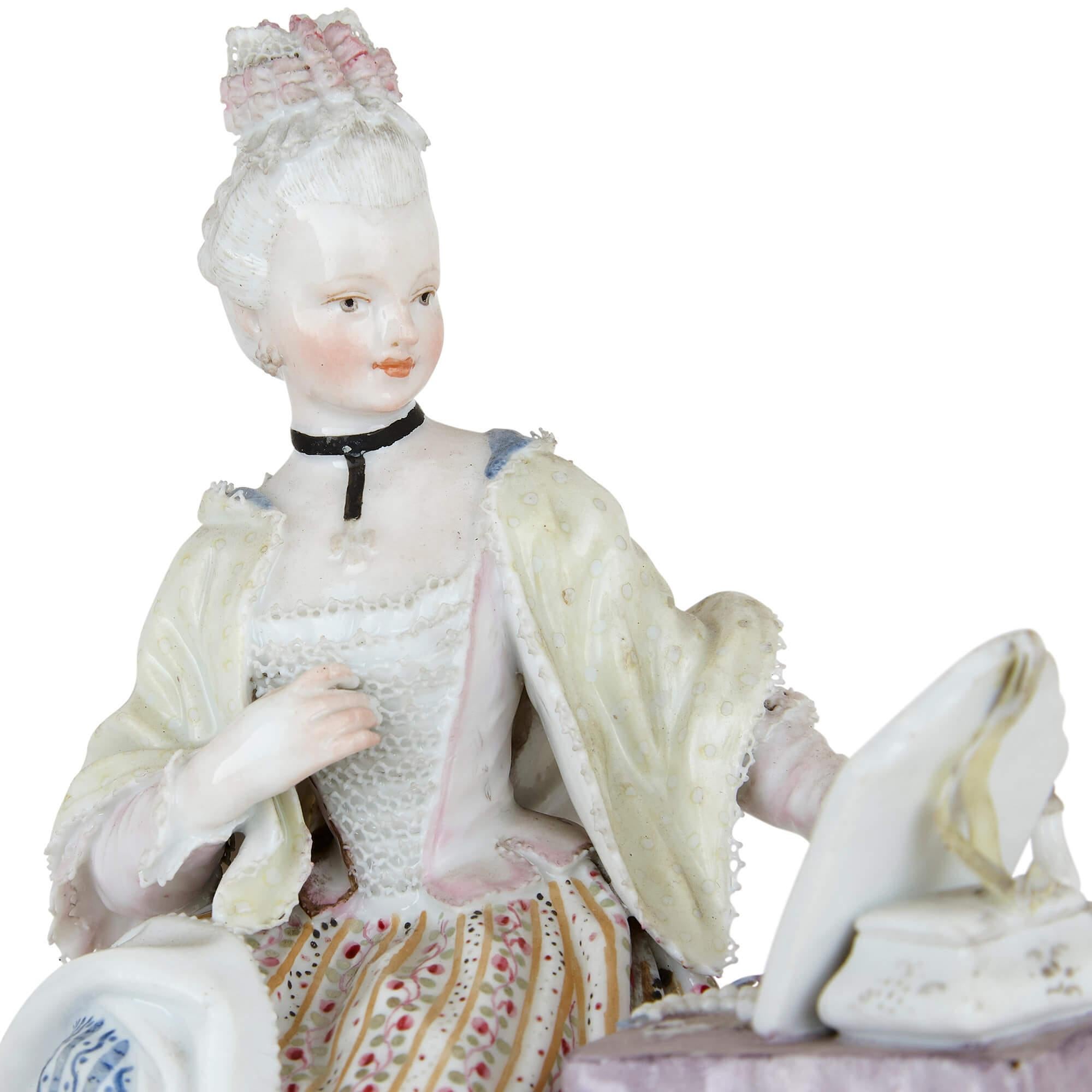 German Rococo style porcelain figure of a woman by Meissen