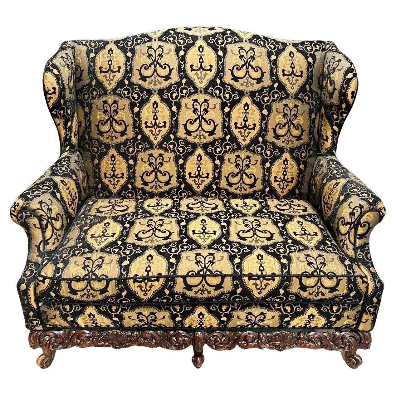 19th-early 20th century settees / canapes or loveseats in Rococo style having a fine Fabric. This is simply the finest pair of wonderfully covered and carved oversized settees or canapes anyone could wish to fine. The detailed carvings on the lower