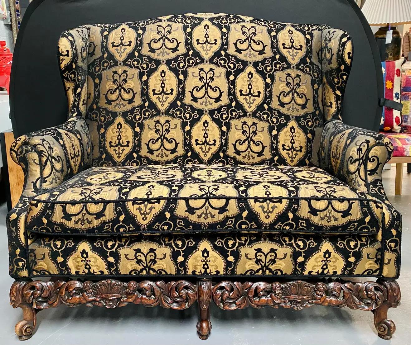 European Italian Rococo Revival Style Settee or Sofa, Black and Beige Upholstery, a Pair For Sale