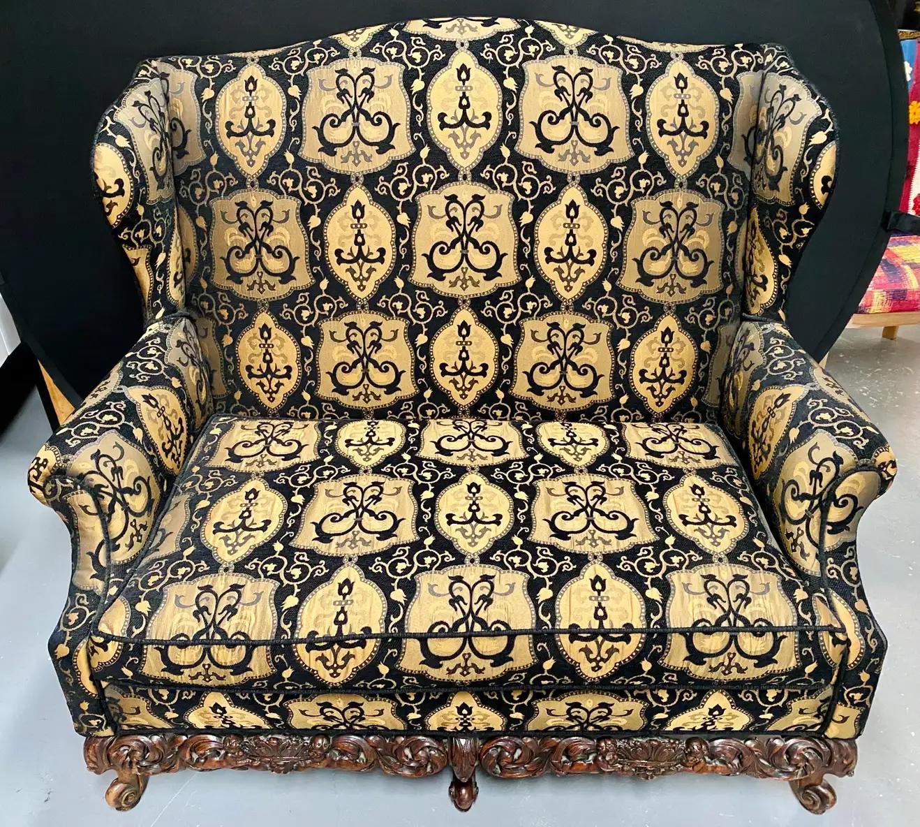 Rococo Style Settee, Sofa or Canape in Fine Black and Beige Upholstery, a Pair In Good Condition For Sale In Plainview, NY