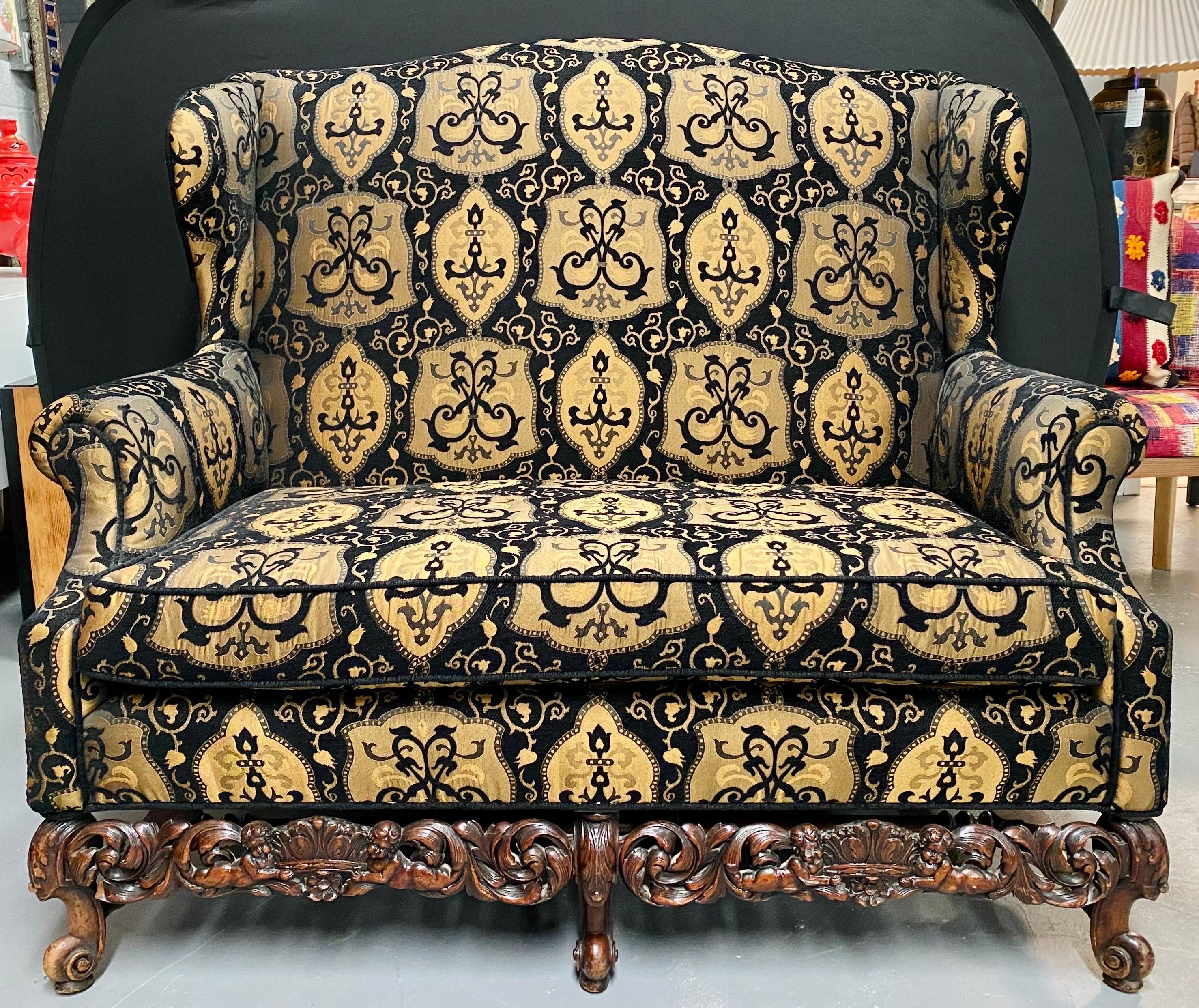 European Italian Rococo Revival Style Settee or Sofa with Heraldic Motif in Black & Beige For Sale