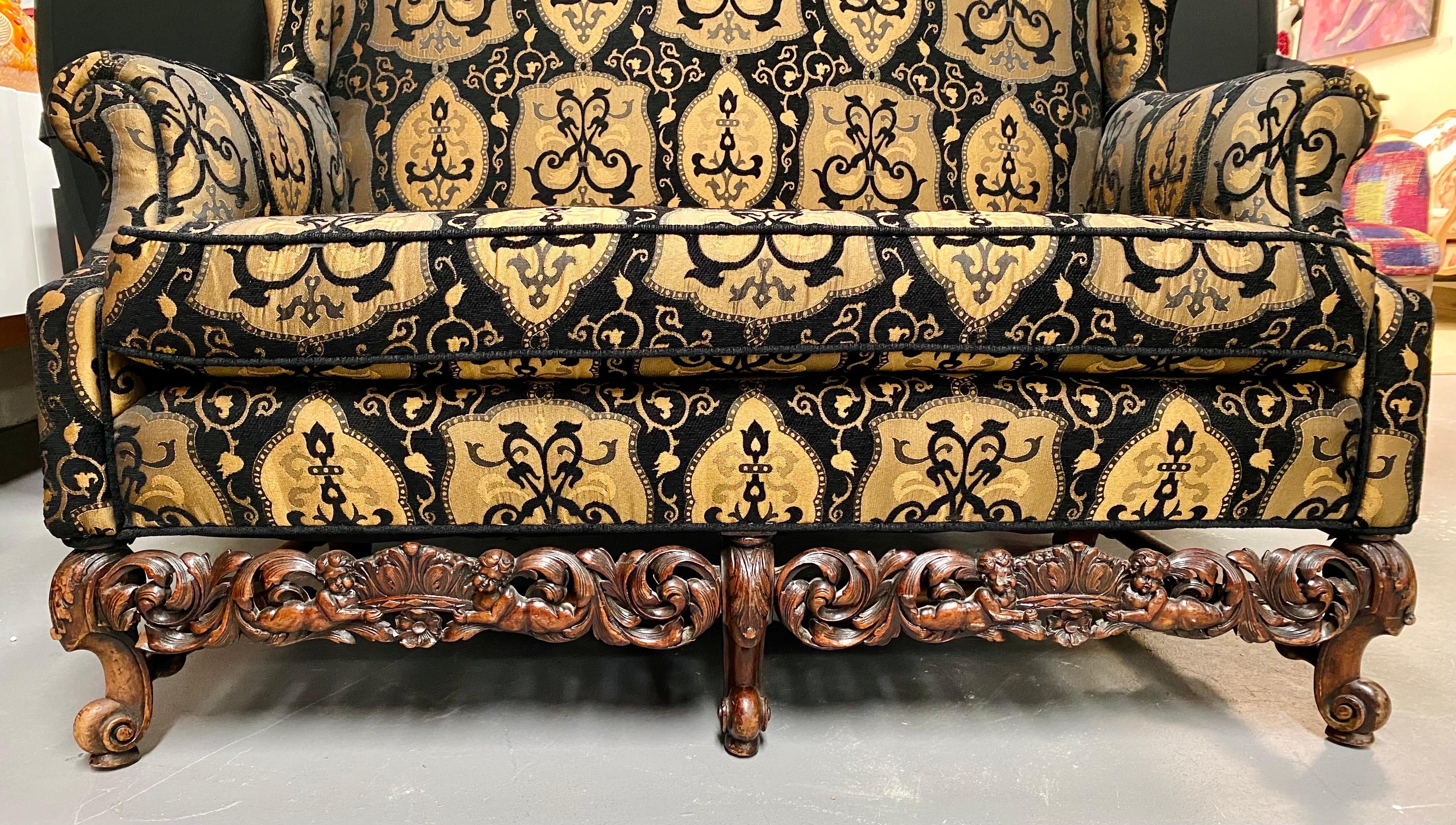 Fabric Italian Rococo Revival Style Settee or Sofa with Heraldic Motif in Black & Beige For Sale