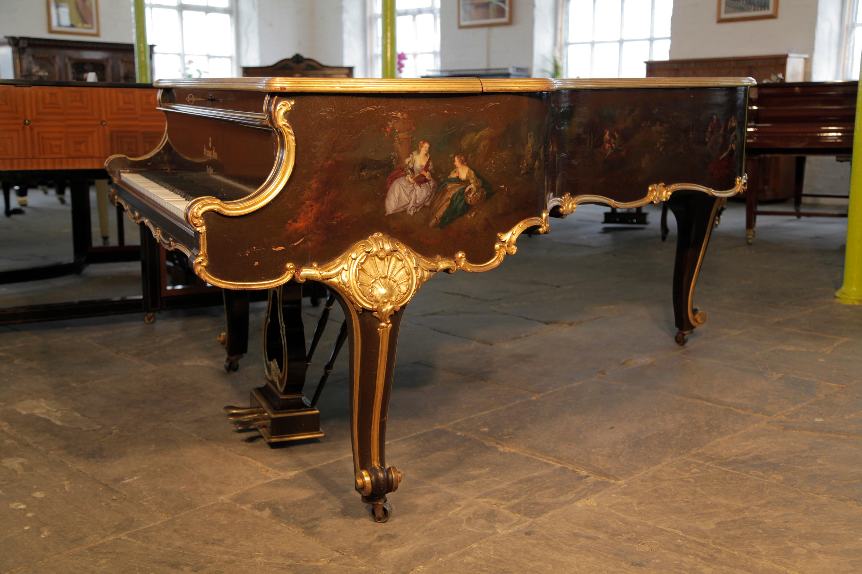 Rococo Style Steinway Model B Grand Piano Hand-Painted Scenes Fete Galante In Fair Condition For Sale In Leeds, GB