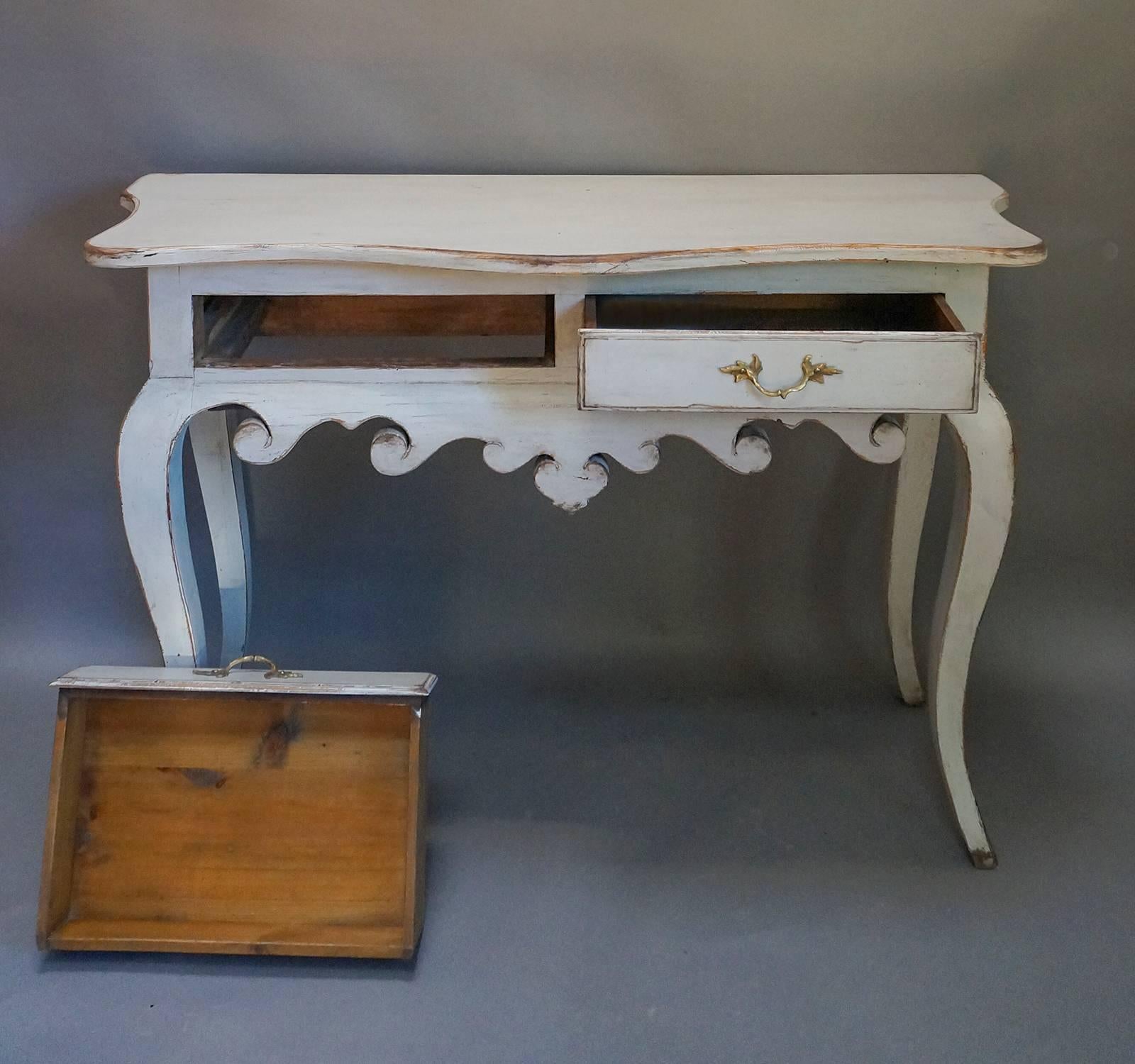 Console table, Sweden circa 1890, in the Rococo style. Two apron drawers with brass pulls, shaped top and apron, and cabriole legs.