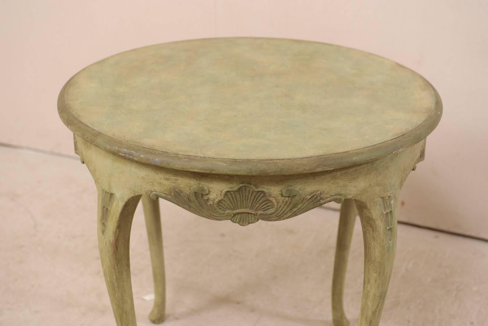 Carved Rococo Style Swedish Round Painted Wood Occasional Table with Seashell Motifs For Sale