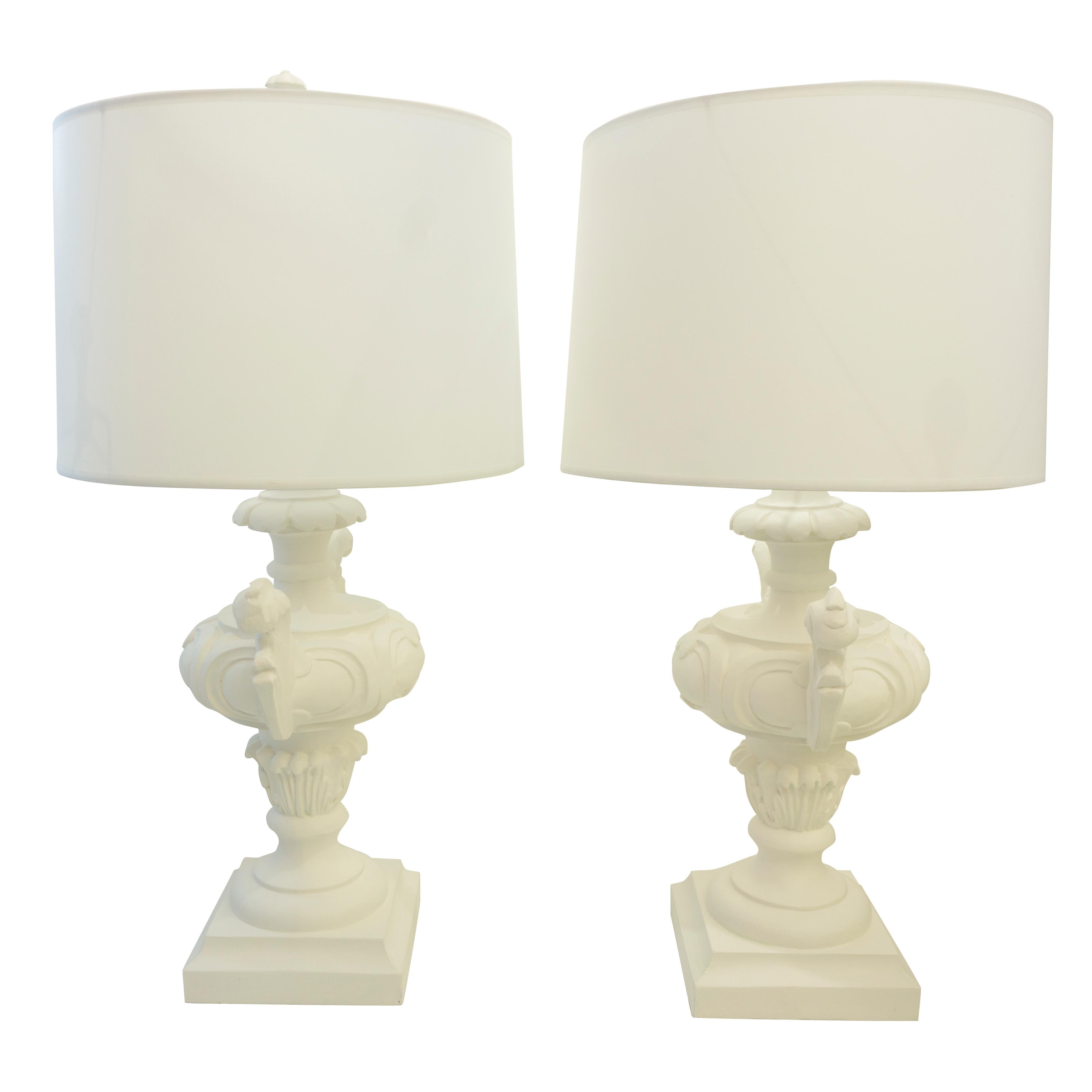 Lacquered Rococo Style Table Lamps in Matte White