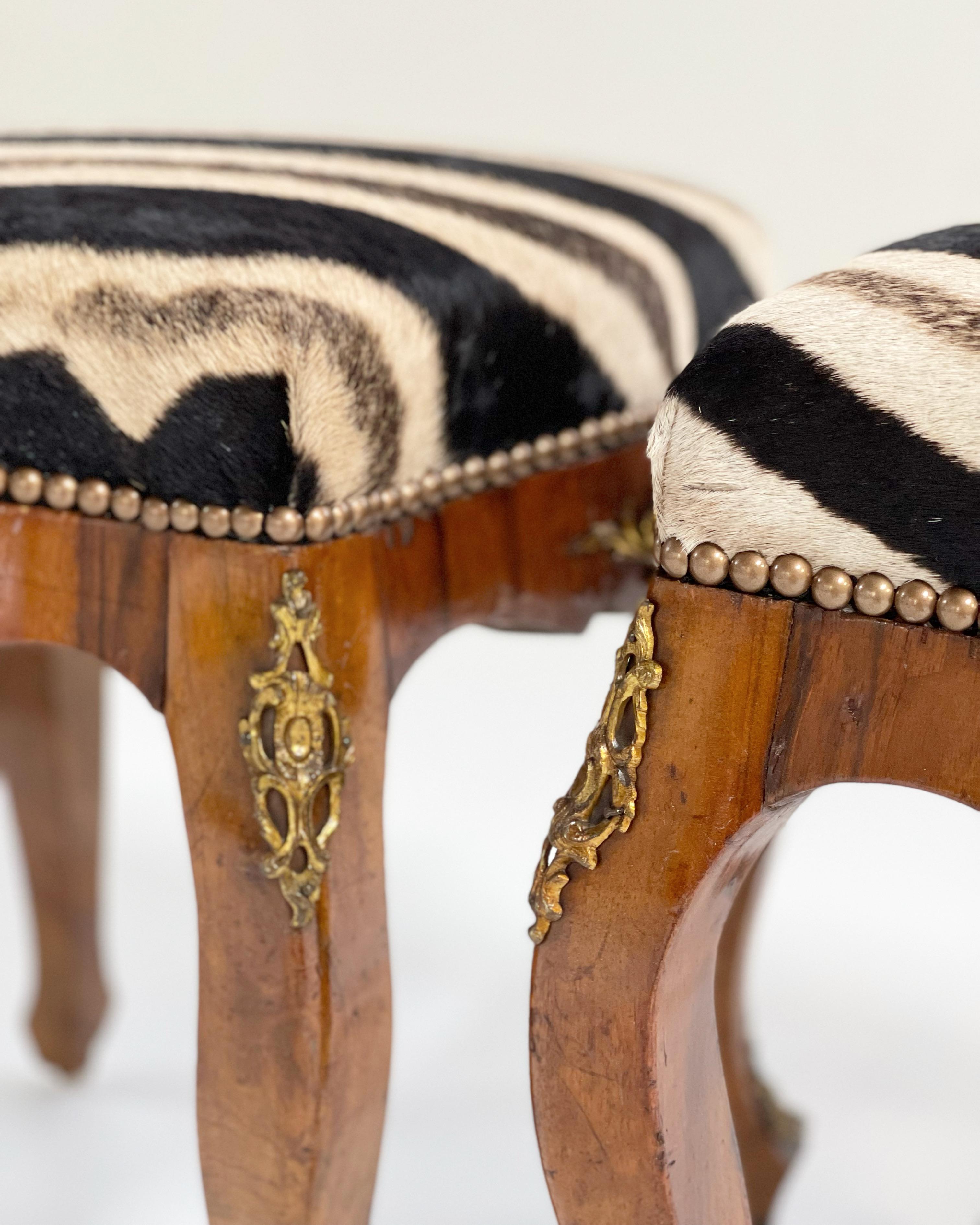Rococo Style Tabourets in Zebra Hide, Pair In Good Condition In SAINT LOUIS, MO
