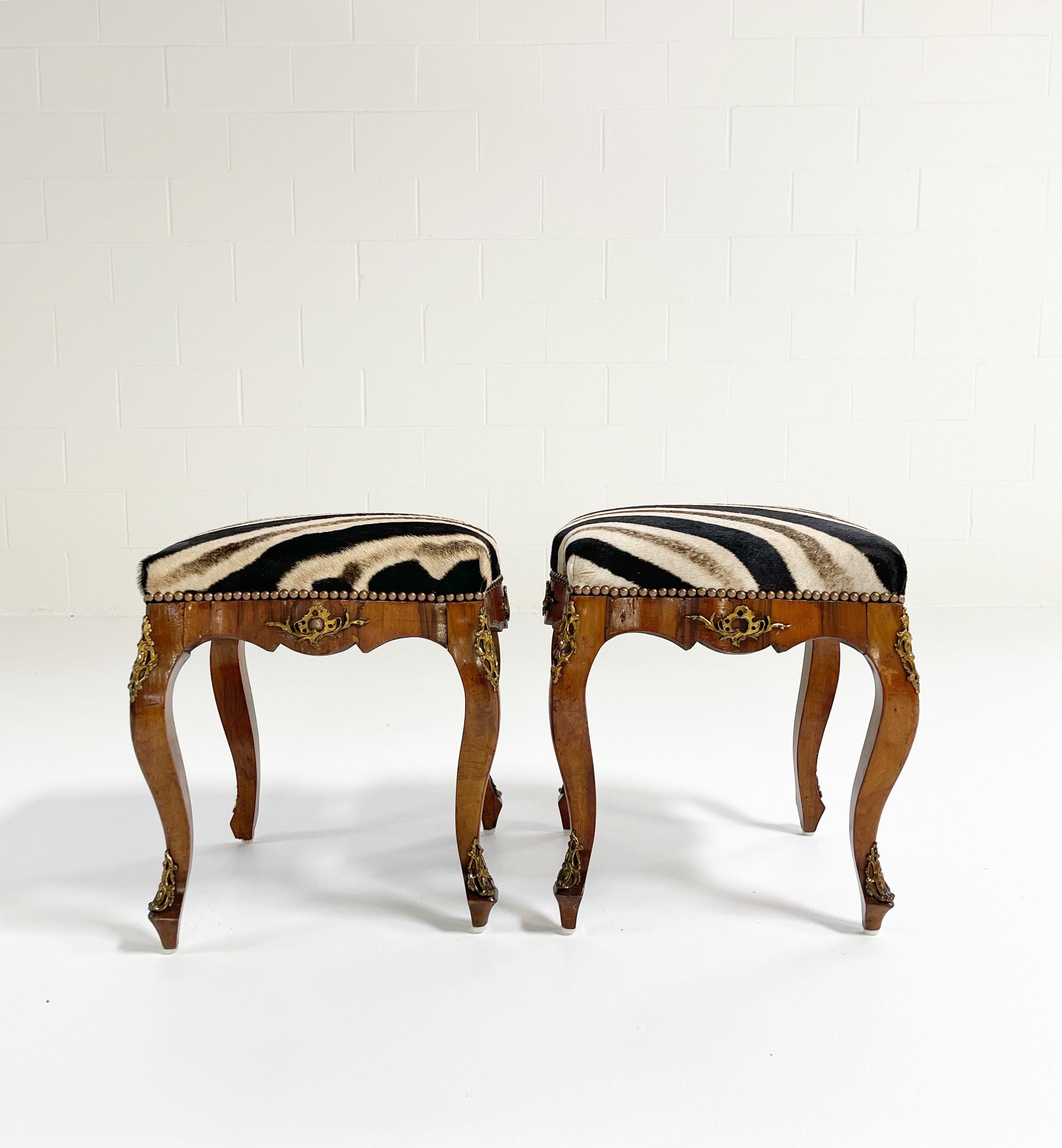 20th Century Rococo Style Tabourets in Zebra Hide, Pair
