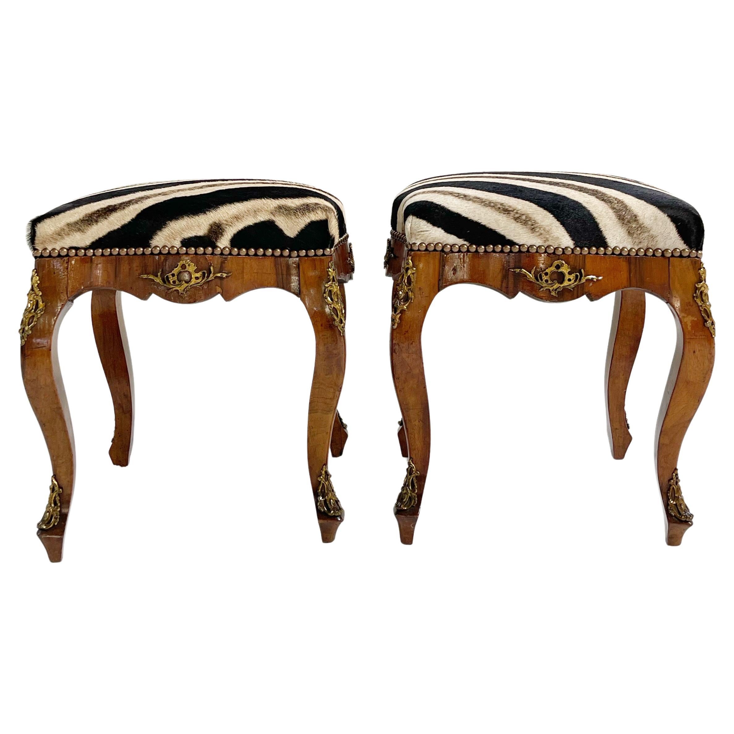 Rococo Style Tabourets in Zebra Hide, Pair