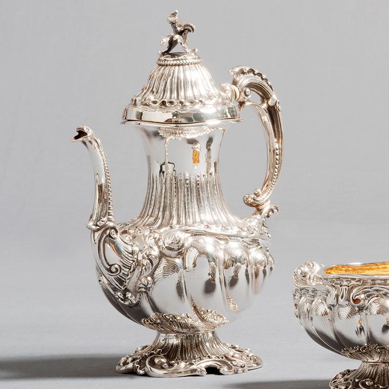 Embossed Rococo Style Tea Set, Sterling Silver 3 Pieces Set, Made in Italy For Sale