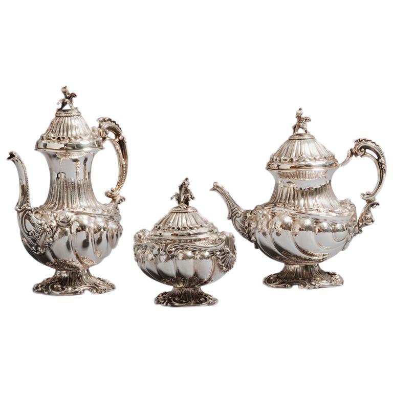 Rococo Style Tea Set, Sterling Silver 3 Pieces Set, Made in Italy For Sale