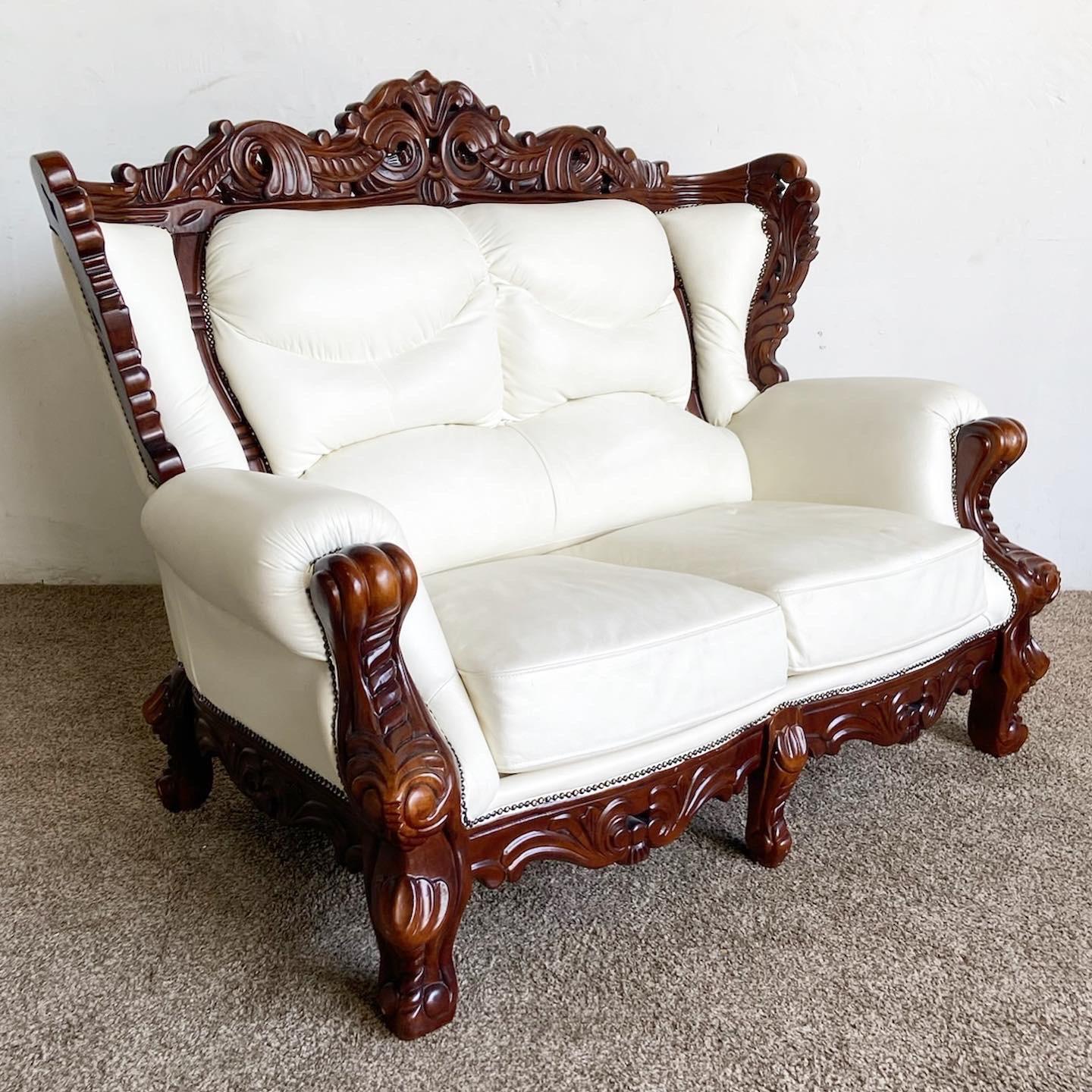 Rococo Style Wooden Love Seat With White Vinyl For Sale at 1stDibs