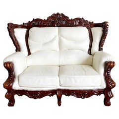 Rococo Style Wooden Love Seat With White Vinyl