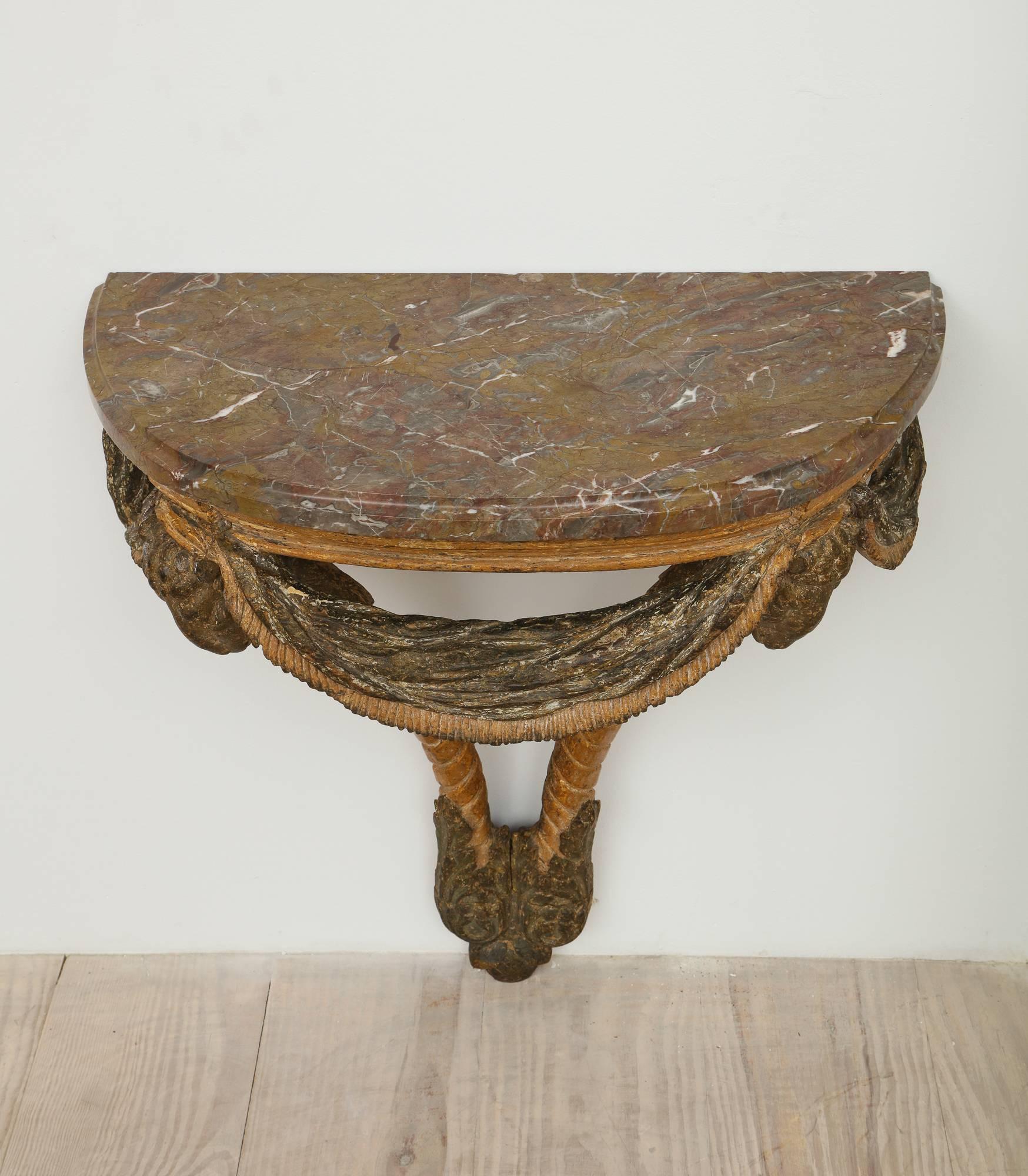 Rococo Wall Console with Rams Heads and Original Stone Top, Sweden, Circa 1750 In Excellent Condition For Sale In New York, NY