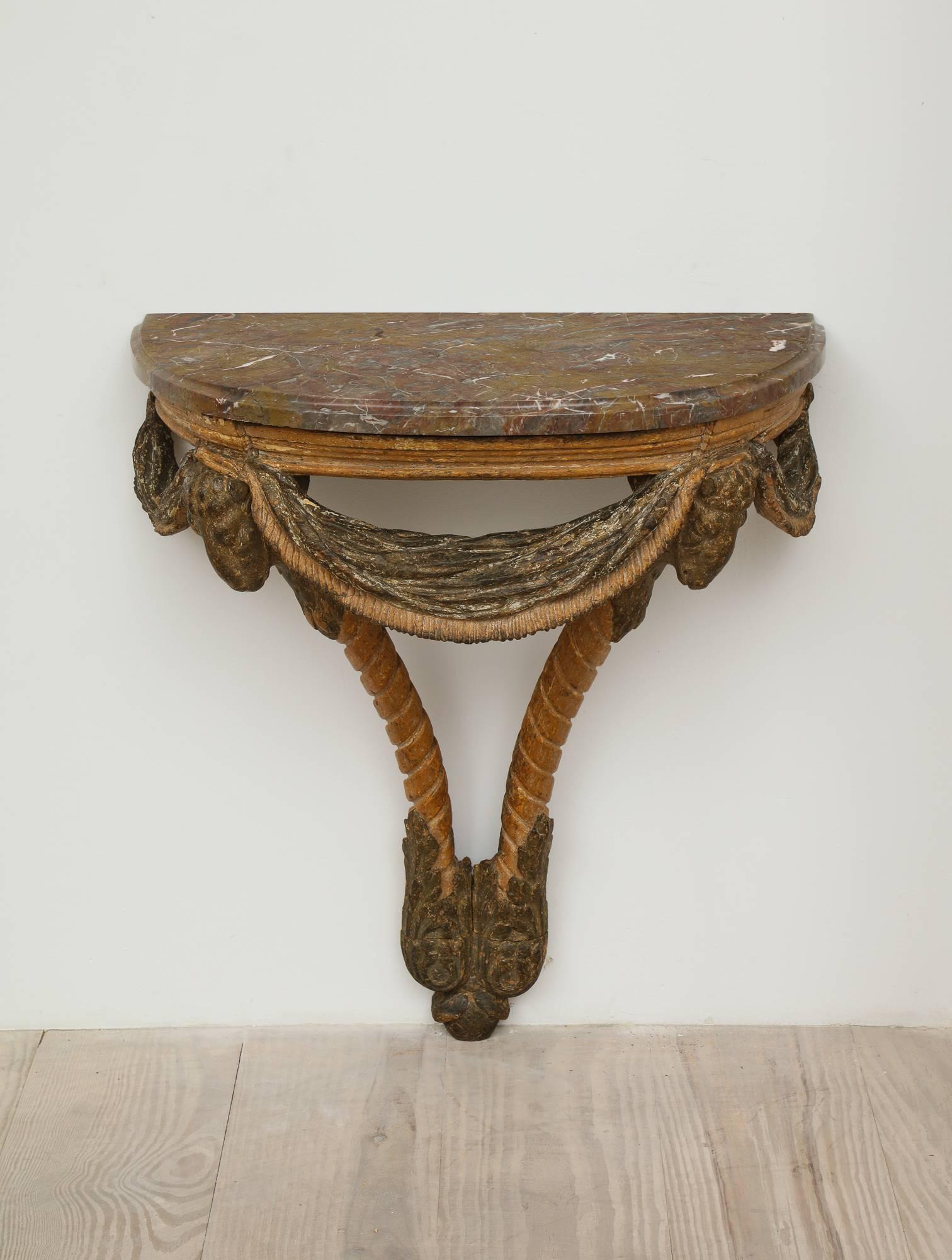 18th Century and Earlier Rococo Wall Console with Rams Heads and Original Stone Top, Sweden, Circa 1750 For Sale