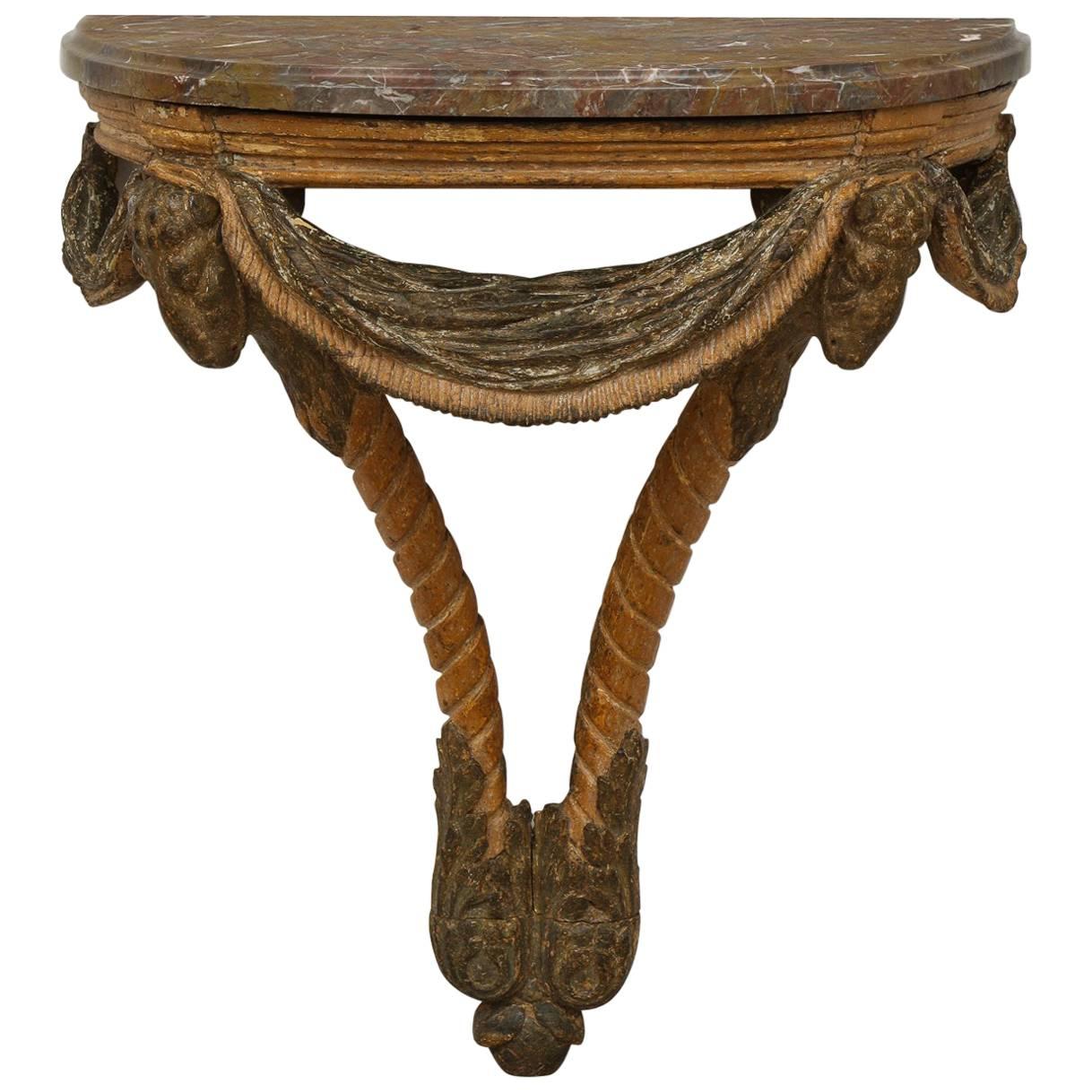 Rococo Wall Console with Rams Heads and Original Stone Top, Sweden, Circa 1750 For Sale