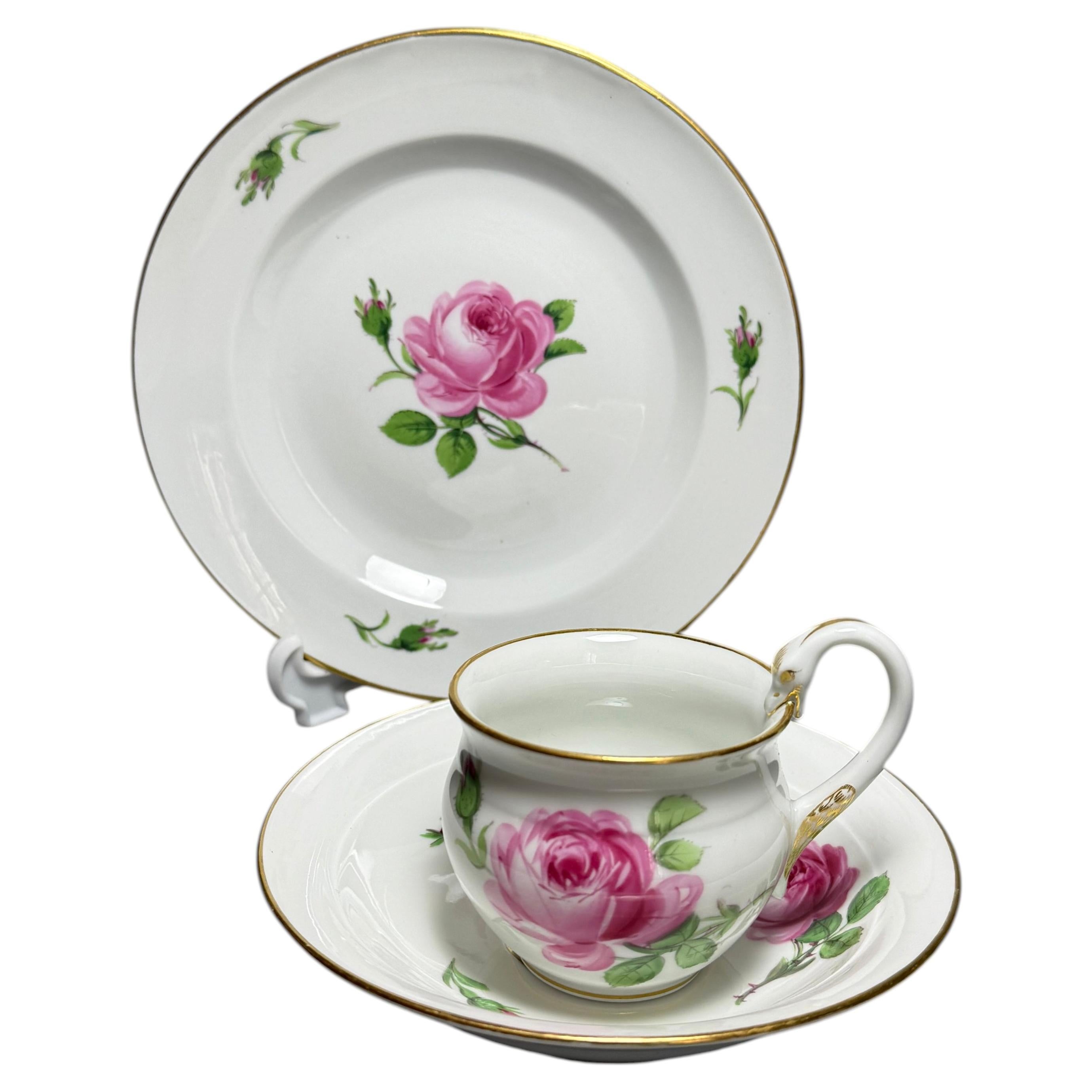Rococo Tea Set Meissen Rose Swans Handle 1924-1934 For Sale