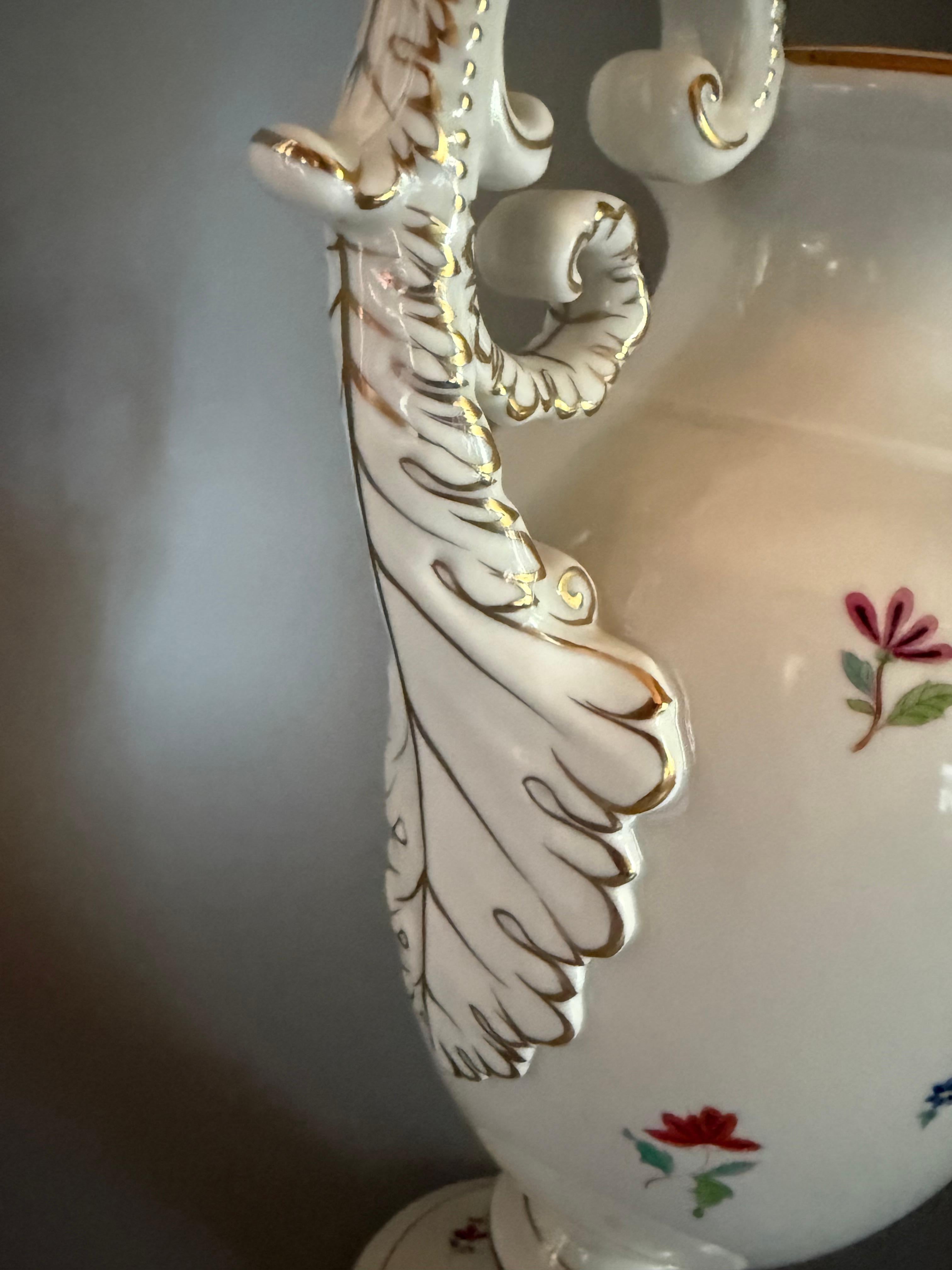 Mid-20th Century Rococo Porcelain White Flowers Herend Large Two Handled Vase Hand-painted 1950 For Sale