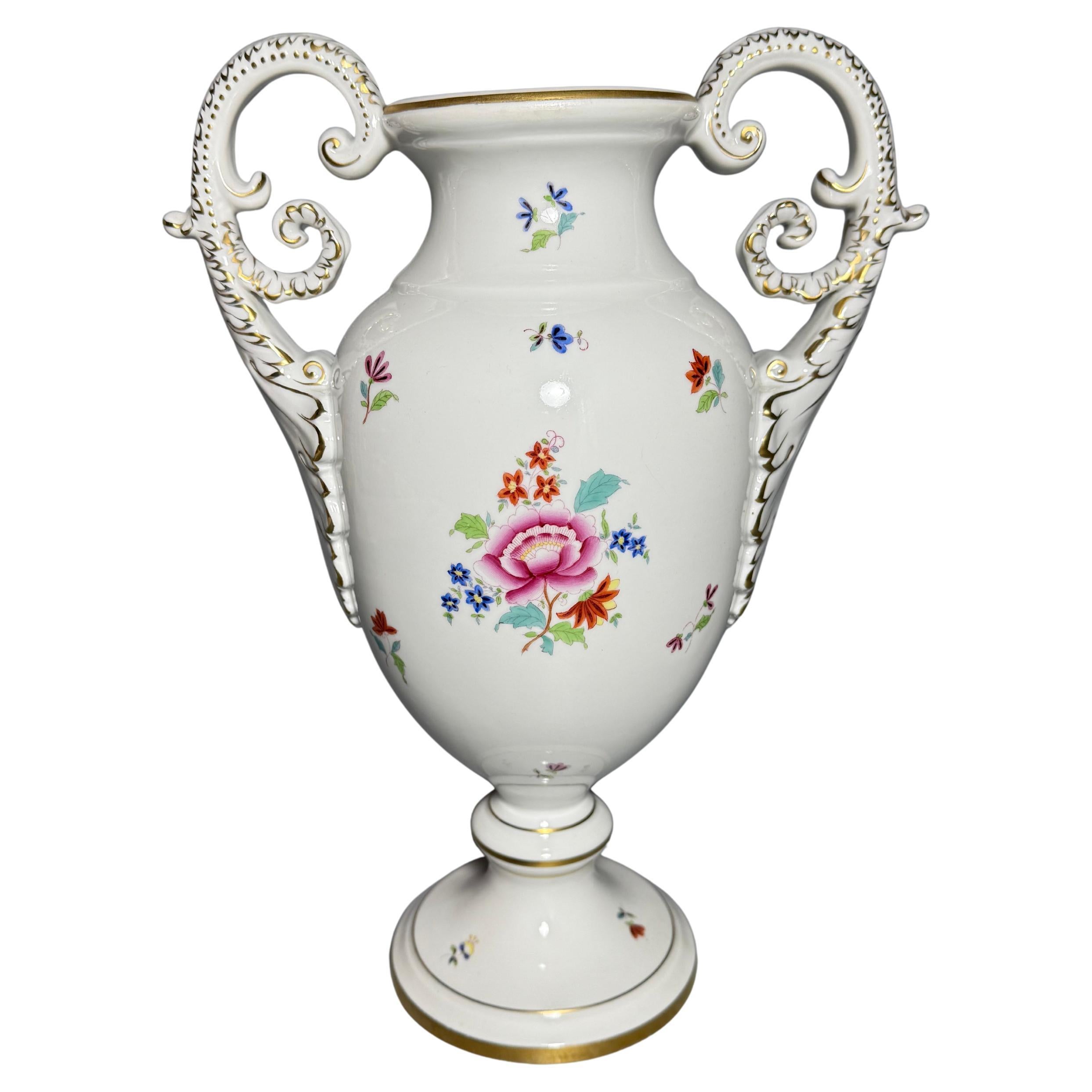 Rococo Porcelain White Flowers Herend Large Two Handled Vase Hand-painted 1950 For Sale