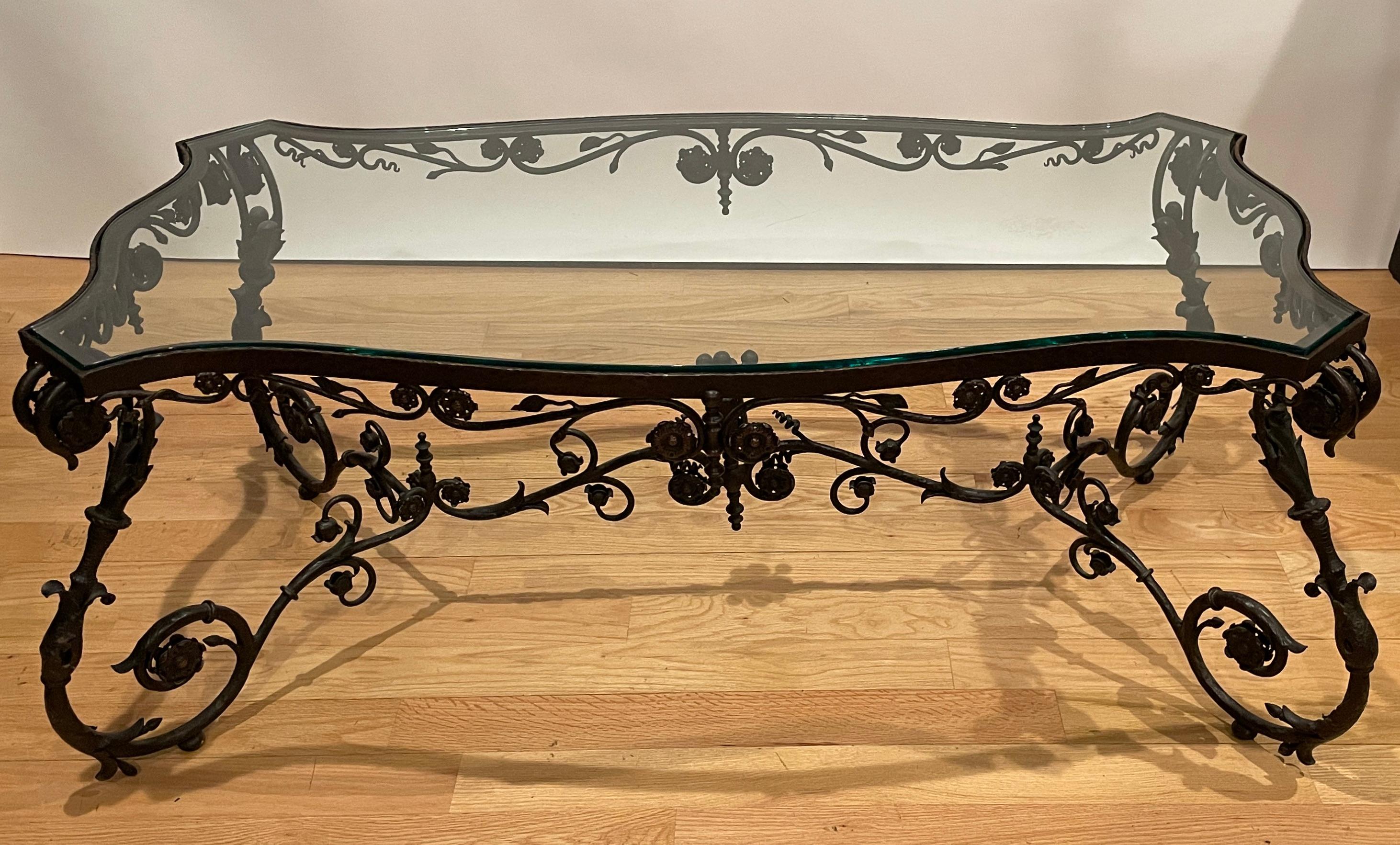 Glass Hand Wrought Iron Low Table For Sale