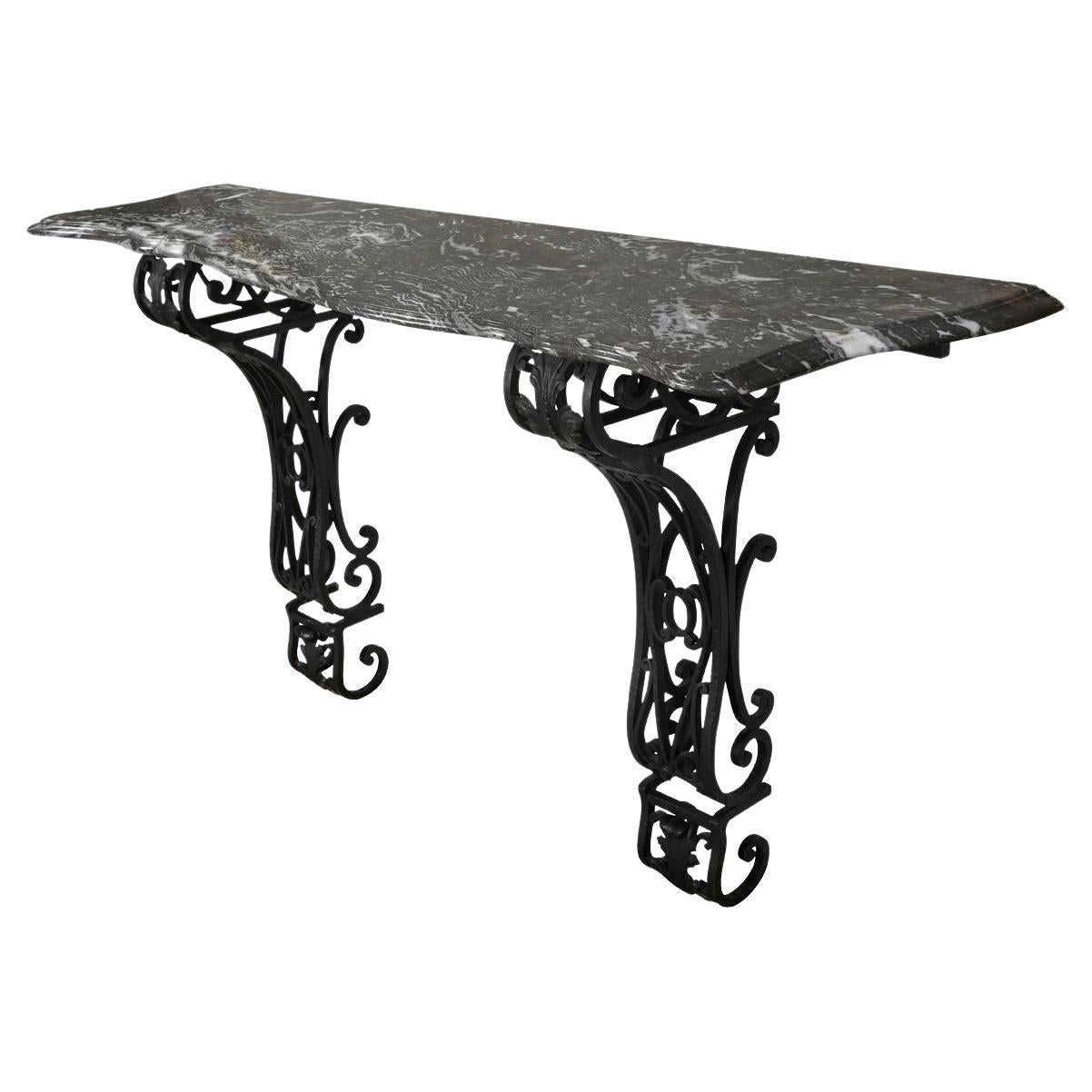 Rococo Wrought Iron Wall Mount Console With Black Marble Top For Sale