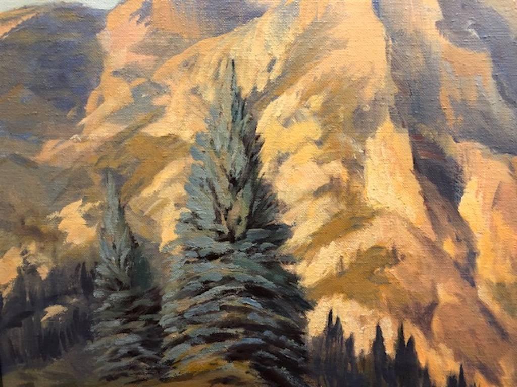 Paysage de montagne - Marron Landscape Painting par Rod Goebel